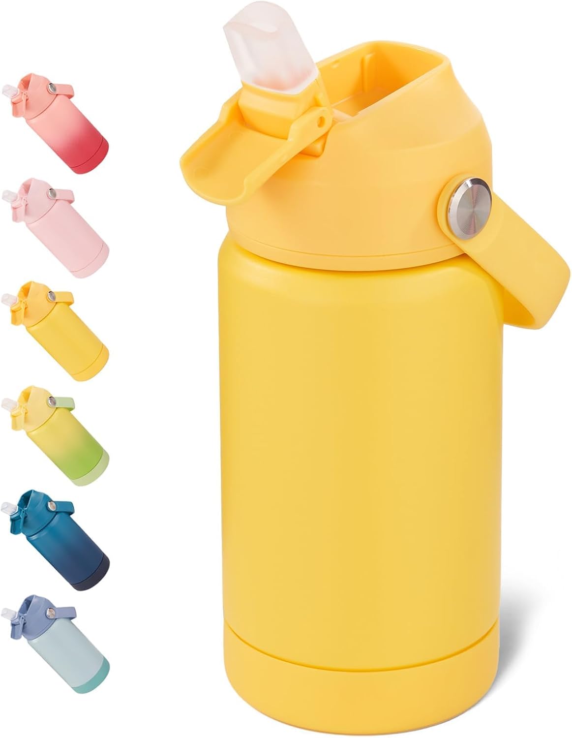 12 oz Water Bottle, Kids Water Bottles for School, Toddler Cup with Straw & Handle, 304 Stainless Steel Insulated Water Bottle, Non-slip Silicone Base, BPA Free, Yellow