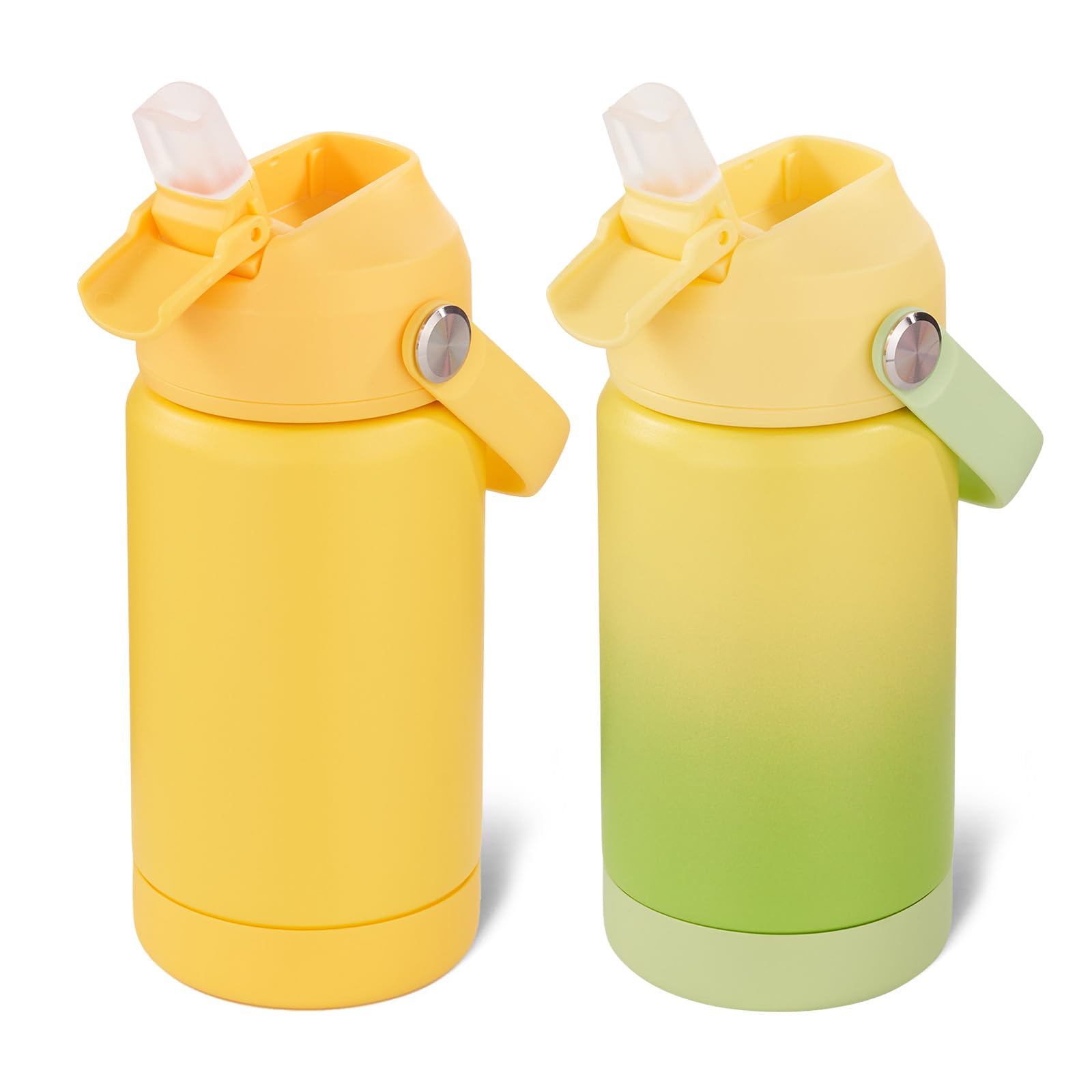 12 oz Water Bottle, Kids Water Bottles for School, Toddler Cup with Straw & Handle, 304 Stainless Steel Insulated Water Bottle, Non-slip Silicone Base, BPA Free, Yellow