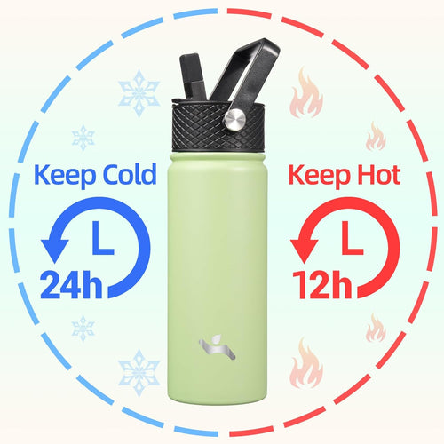 18 oz Insulated Water Bottle Stainless Steel Sport Bottles with 3 Lids,Macaron Green