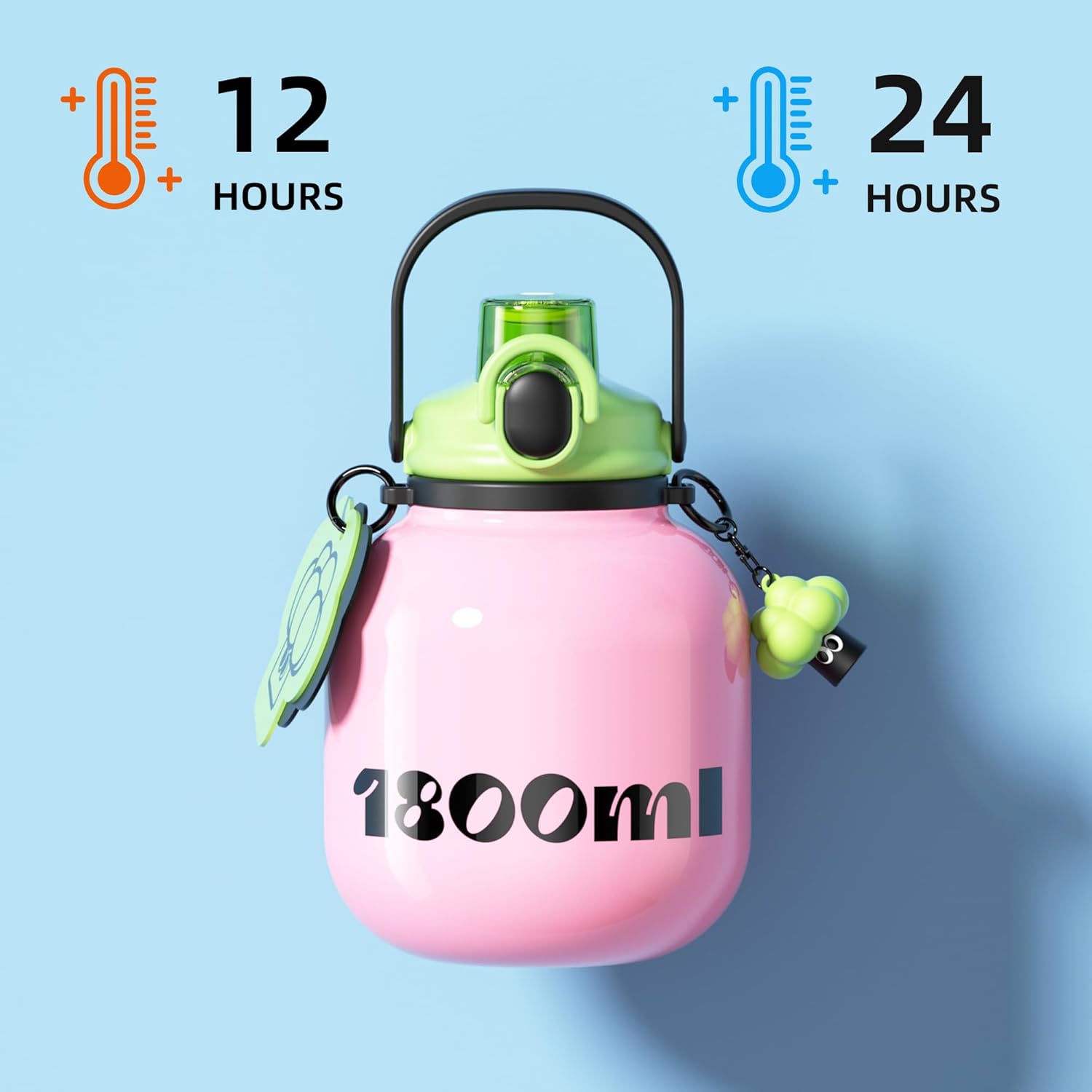 60 oz Big Water Bottle with Straw and Carry Handle, Pink Wide Mouth Vacuum Insulated Stainless Steel Bottles Easy Carry Tumbler for Women