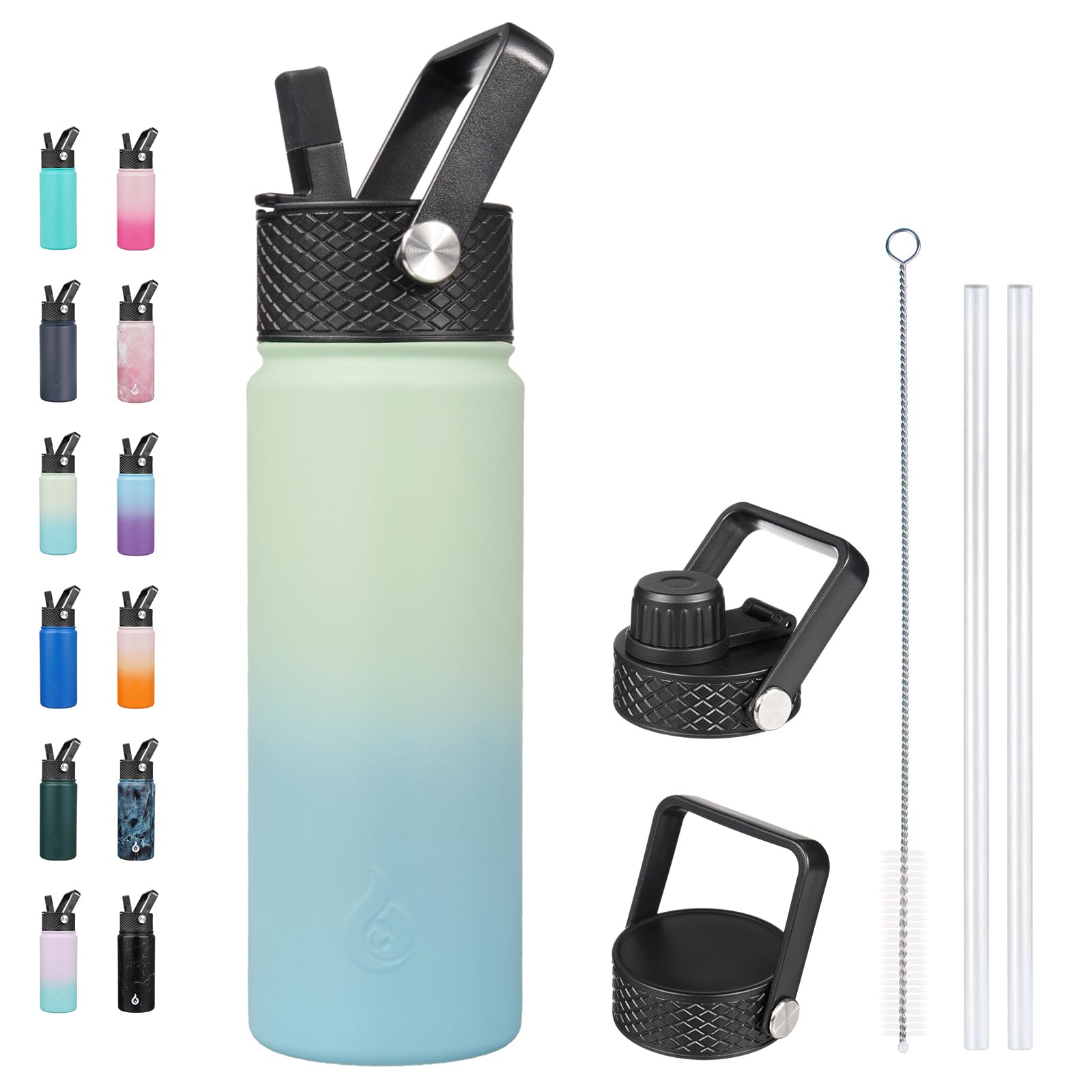 BJPKPK Insulated Water Bottles with Straw Lid, 18oz Stainless Steel Metal Water Bottle, Cold Hot Thermo with 3 Lids, Leak Proof BPA Free Travel Cup, Wide Mouth Flasks, Thermo -Mint