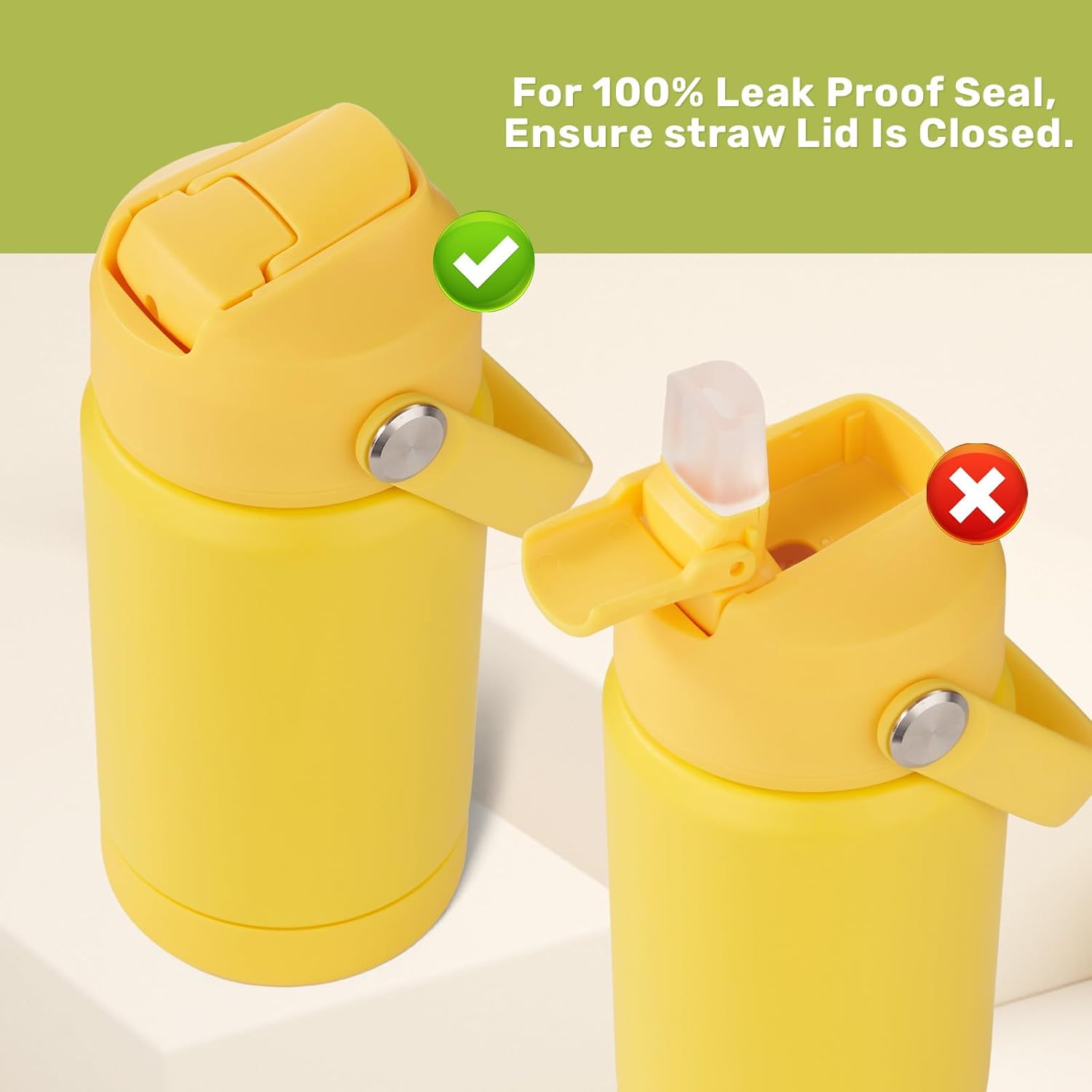 12 oz Water Bottle, Kids Water Bottles for School, Toddler Cup with Straw & Handle, 304 Stainless Steel Insulated Water Bottle, Non-slip Silicone Base, BPA Free, Yellow