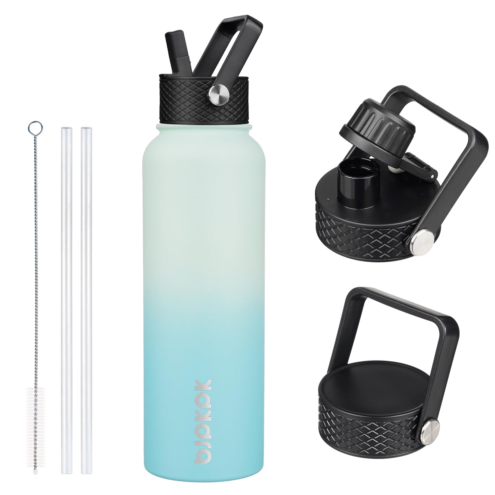 BJPKPK Insulated Water Bottles with Straw Lid, 18oz Stainless Steel Metal Water Bottle, Cold Hot Thermo with 3 Lids, Leak Proof BPA Free Travel Cup, Wide Mouth Flasks, Thermo -Mint