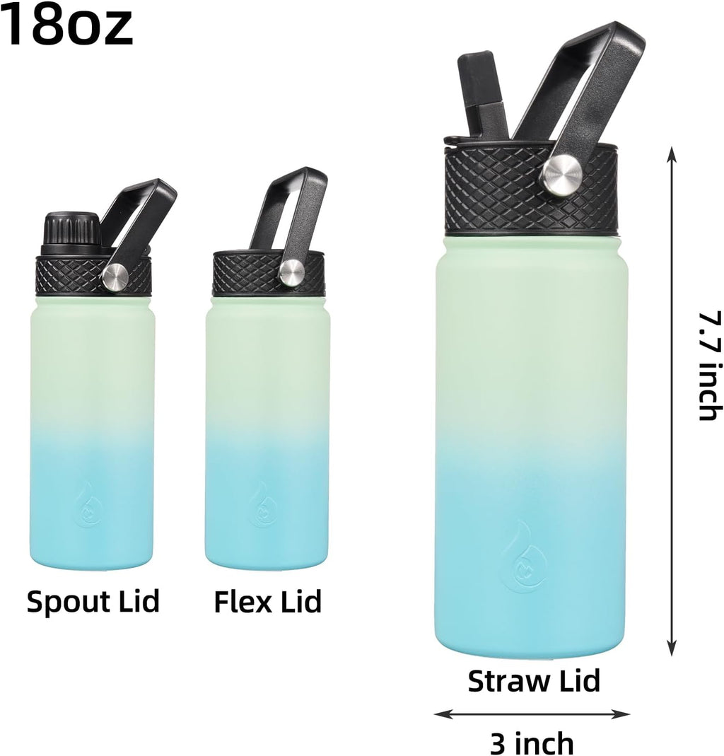 BJPKPK Insulated Water Bottles with Straw Lid, 18oz Stainless Steel Metal Water Bottle, Cold Hot Thermo with 3 Lids, Leak Proof BPA Free Travel Cup, Wide Mouth Flasks, Thermo -Mint