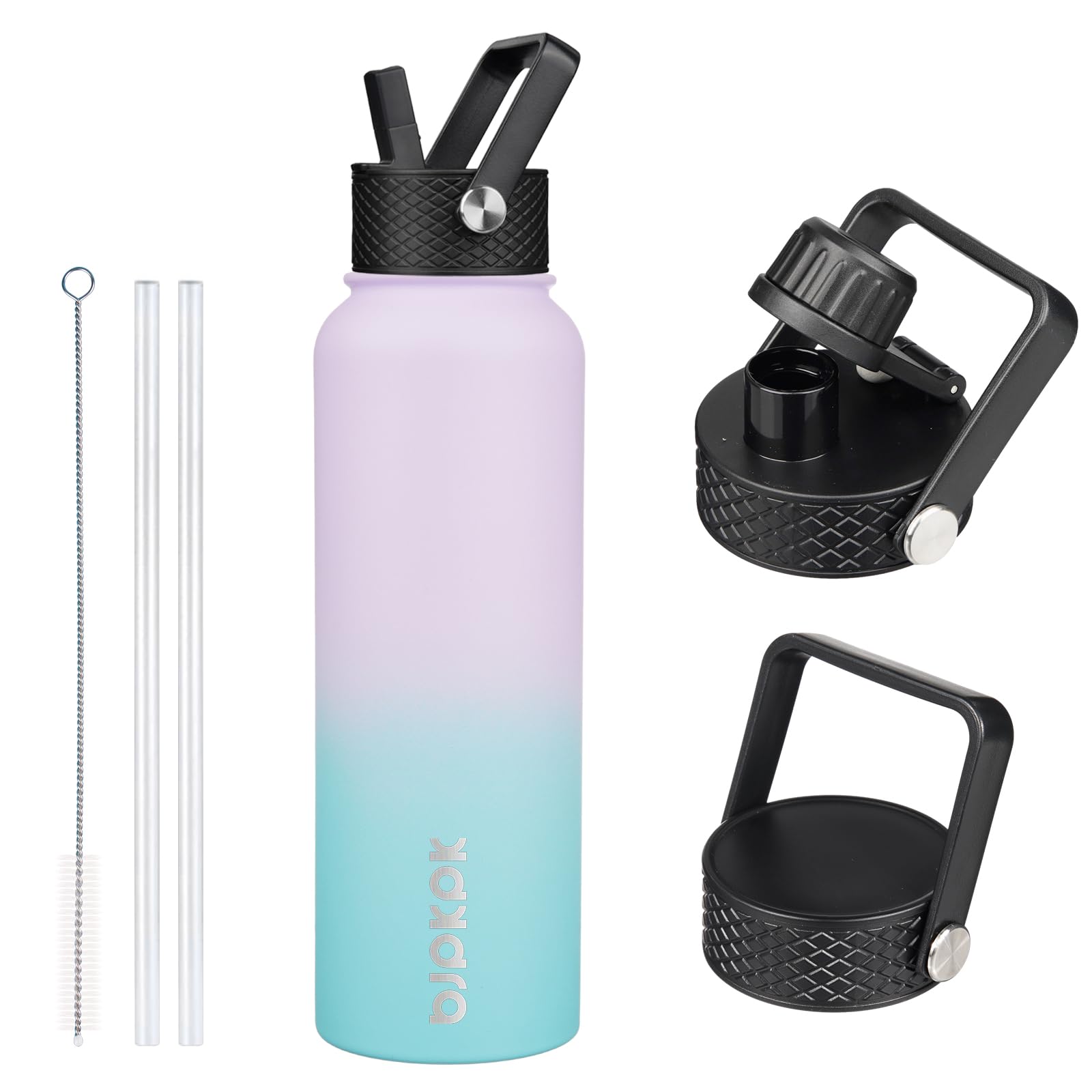 BJPKPK Insulated Water Bottles with Straw Lid, 18oz Stainless Steel Metal Water Bottle, Cold Hot Thermo with 3 Lids, Leak Proof BPA Free Travel Cup, Wide Mouth Flasks, Thermo -Mint