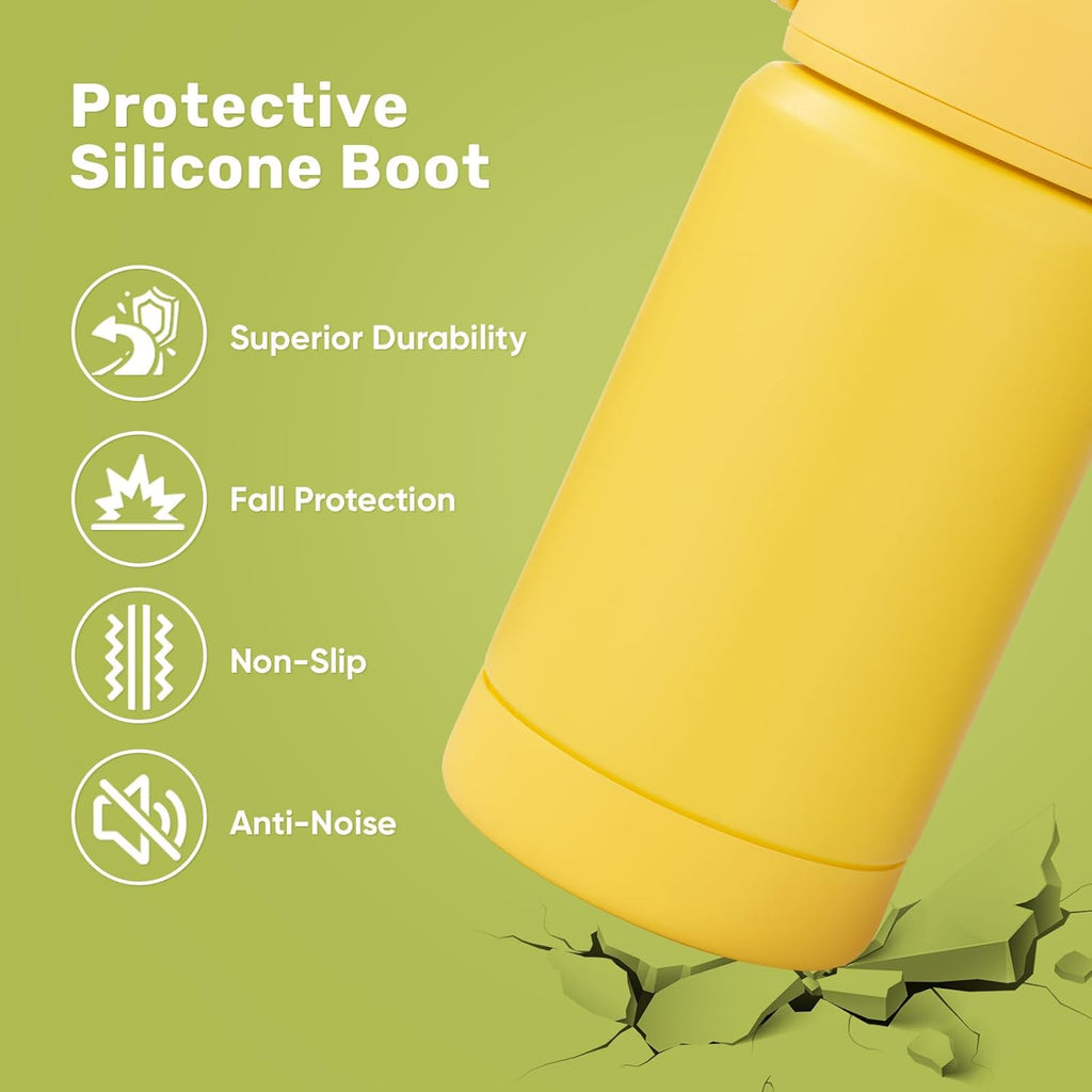 12 oz Water Bottle, Kids Water Bottles for School, Toddler Cup with Straw & Handle, 304 Stainless Steel Insulated Water Bottle, Non-slip Silicone Base, BPA Free, Yellow