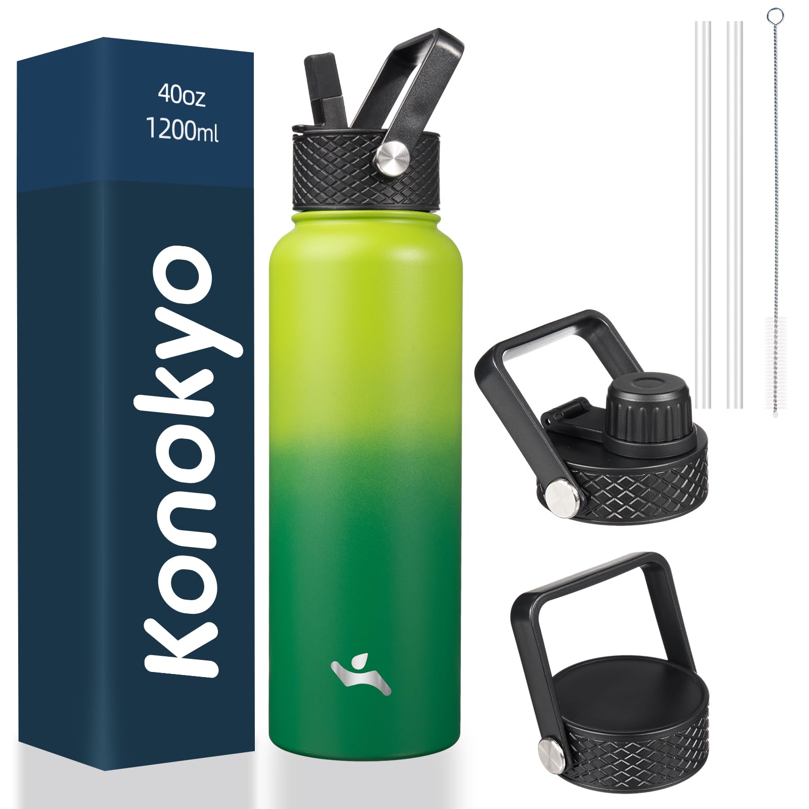 18 oz Insulated Water Bottle Stainless Steel Sport Bottles with 3 Lids,Macaron Green