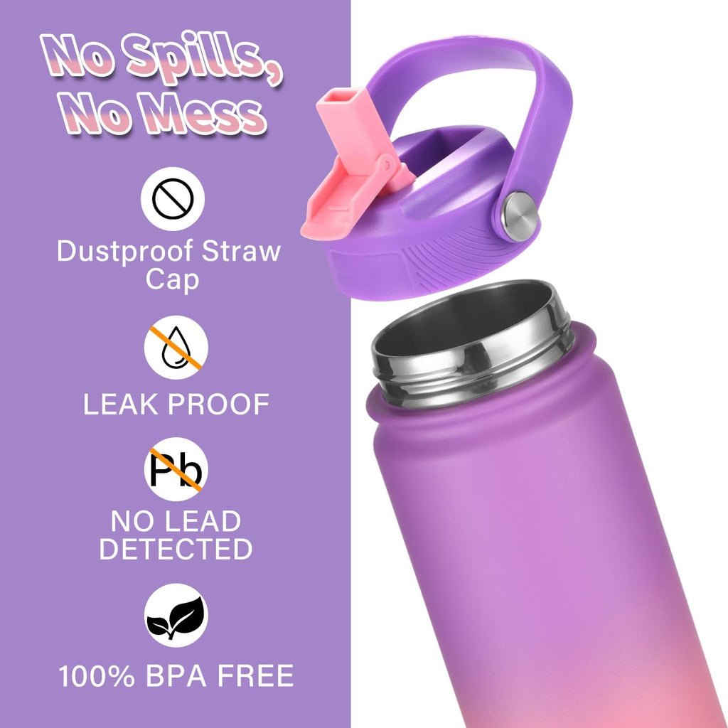 Mininoo Insulated Stainless Steel Kids Water Bottle for School with Straw Lid & Strap, 50 Stickers, 18 oz(Purple/Pink)