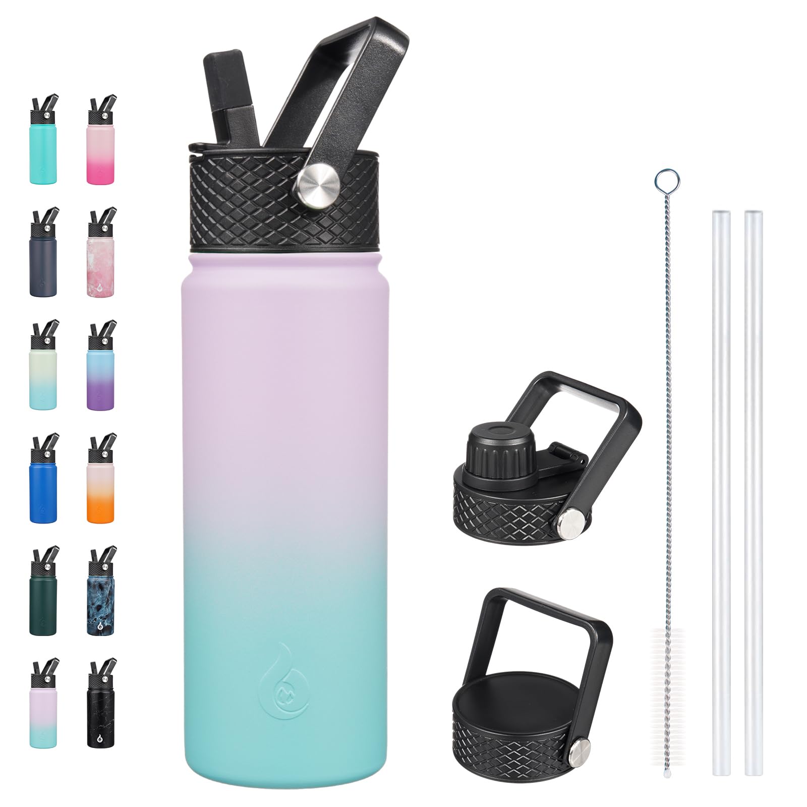 BJPKPK Insulated Water Bottles with Straw Lid, 18oz Stainless Steel Metal Water Bottle, Cold Hot Thermo with 3 Lids, Leak Proof BPA Free Travel Cup, Wide Mouth Flasks, Thermo -Mint