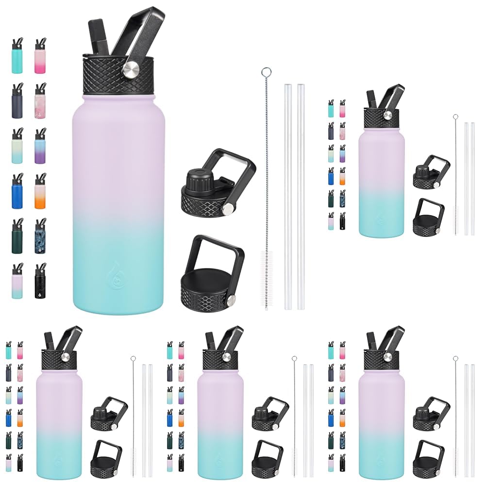 BJPKPK Insulated Water Bottles with Straw Lid, 18oz Stainless Steel Metal Water Bottle, Cold Hot Thermo with 3 Lids, Leak Proof BPA Free Travel Cup, Wide Mouth Flasks, Thermo -Mint