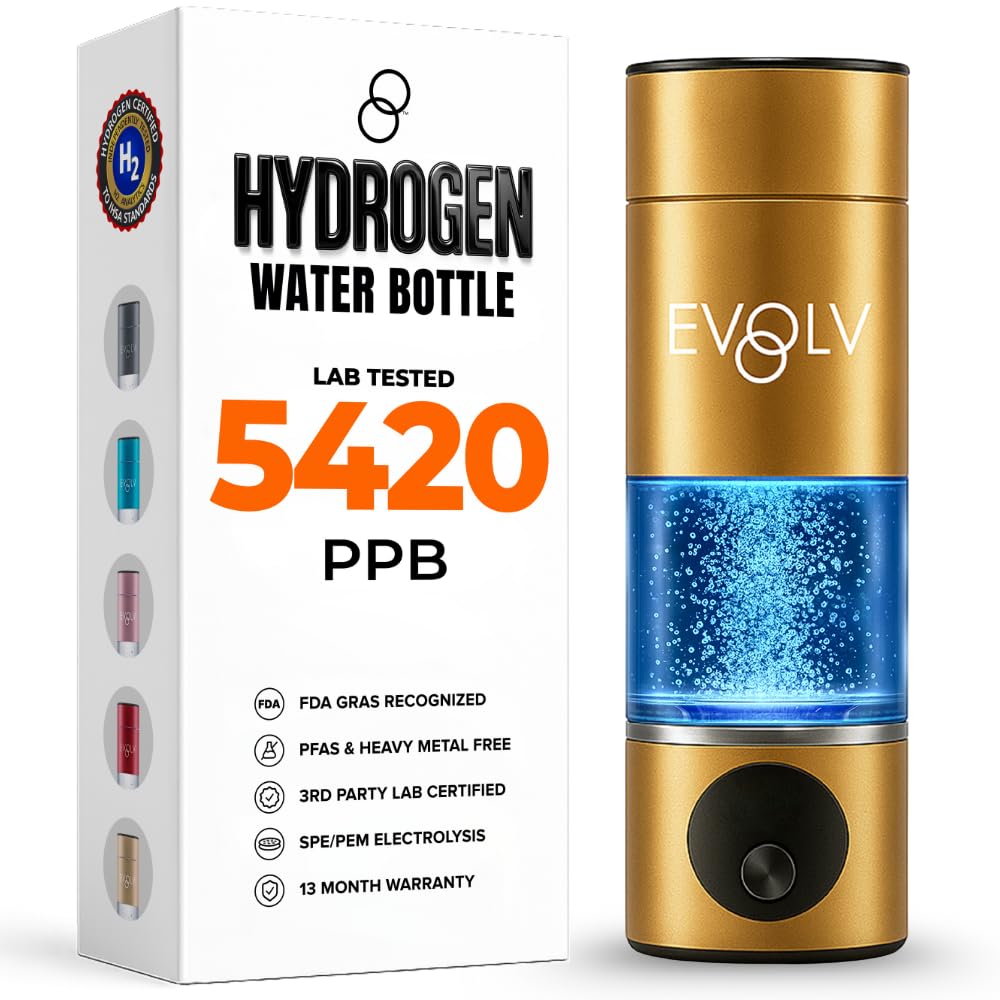 EVOLV Hydrogen Water Bottle Generator – SPE & PEM Water Ionizer 5.4PPM, Highest H2 Concentration – Portable 8oz Hydrogenated Water Bottle – Leak-Proof Hydrogen Water Machine, Easy to Use – Champagne