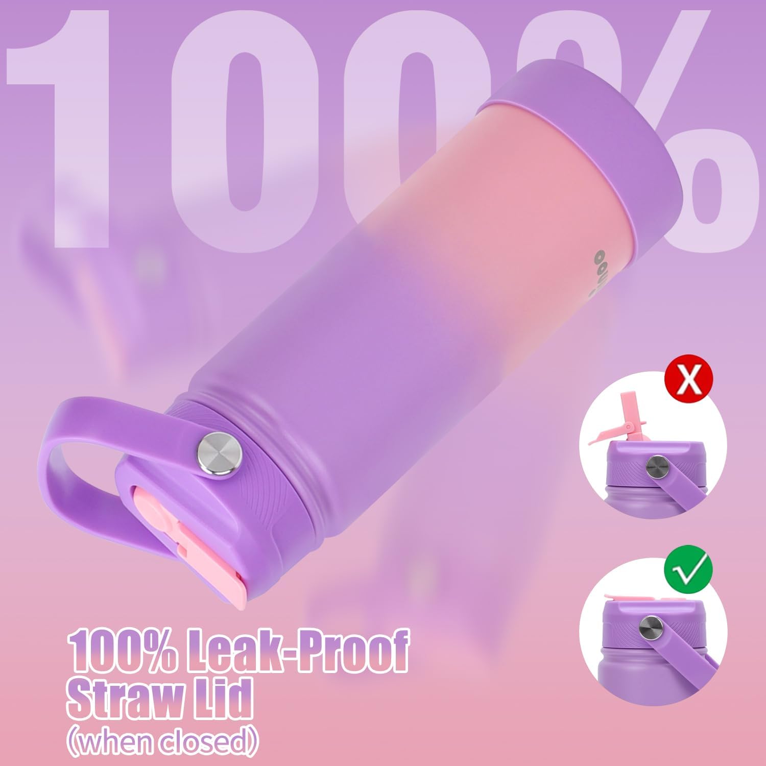 Mininoo Insulated Stainless Steel Kids Water Bottle for School with Straw Lid & Strap, 50 Stickers, 18 oz(Purple/Pink)