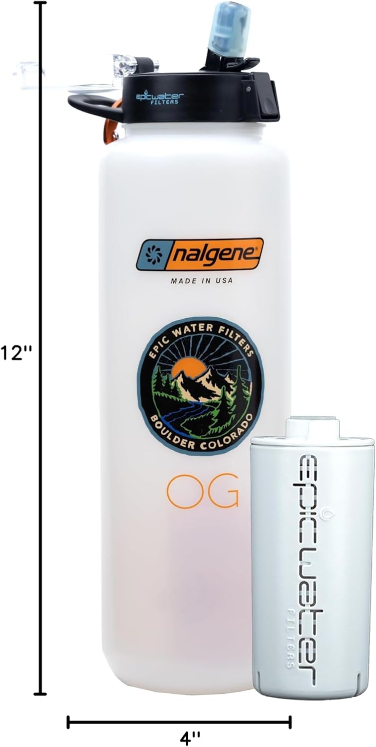 Epic Water Filters Nalgene OG Water Bottle with Filter, USA Made, BPA Free, Removes 99.99% Tap Water Contaminants, Forever Chemicals, White LDPE, 48 oz
