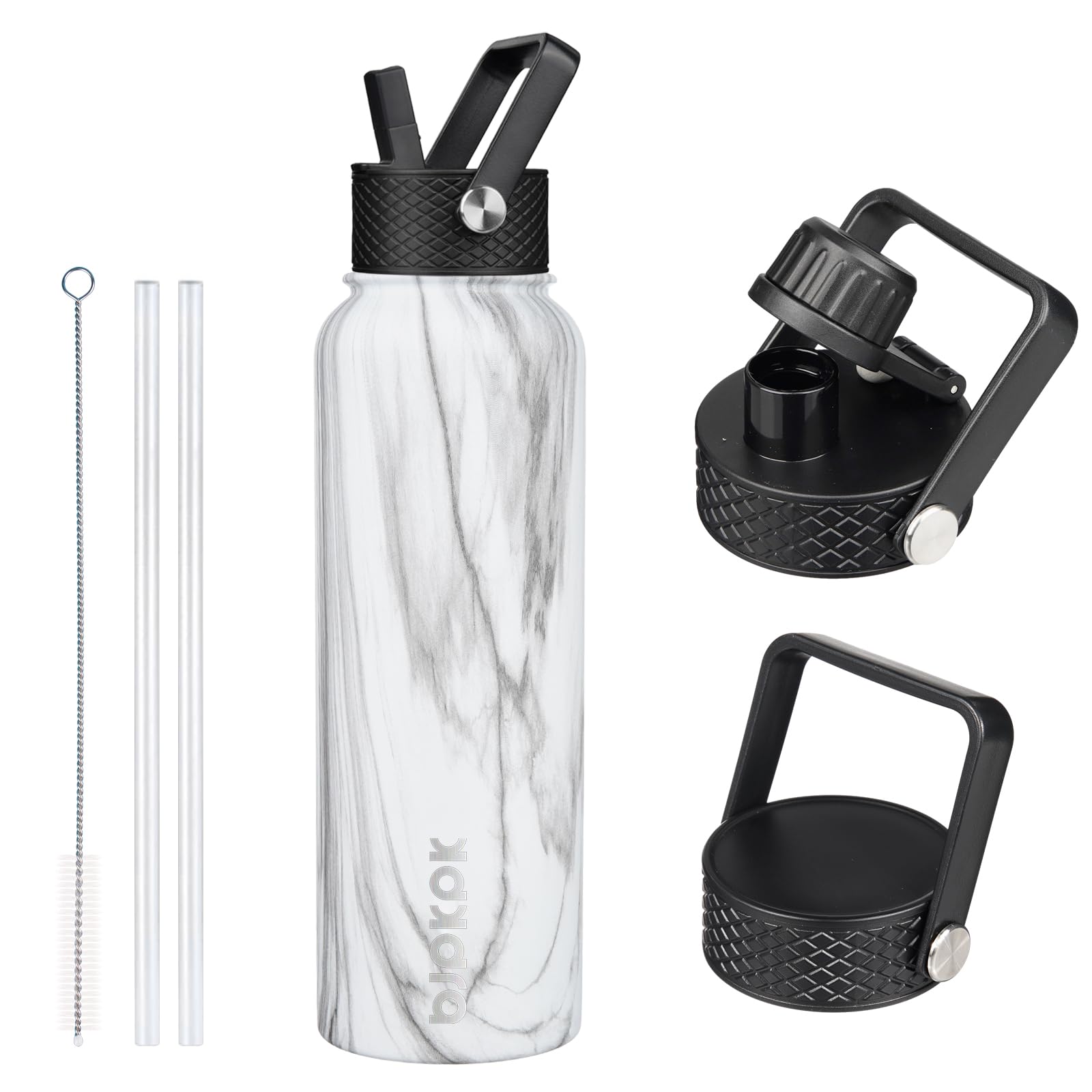 BJPKPK Insulated Water Bottles with Straw Lid, 18oz Stainless Steel Metal Water Bottle, Cold Hot Thermo with 3 Lids, Leak Proof BPA Free Travel Cup, Wide Mouth Flasks, Thermo -Mint