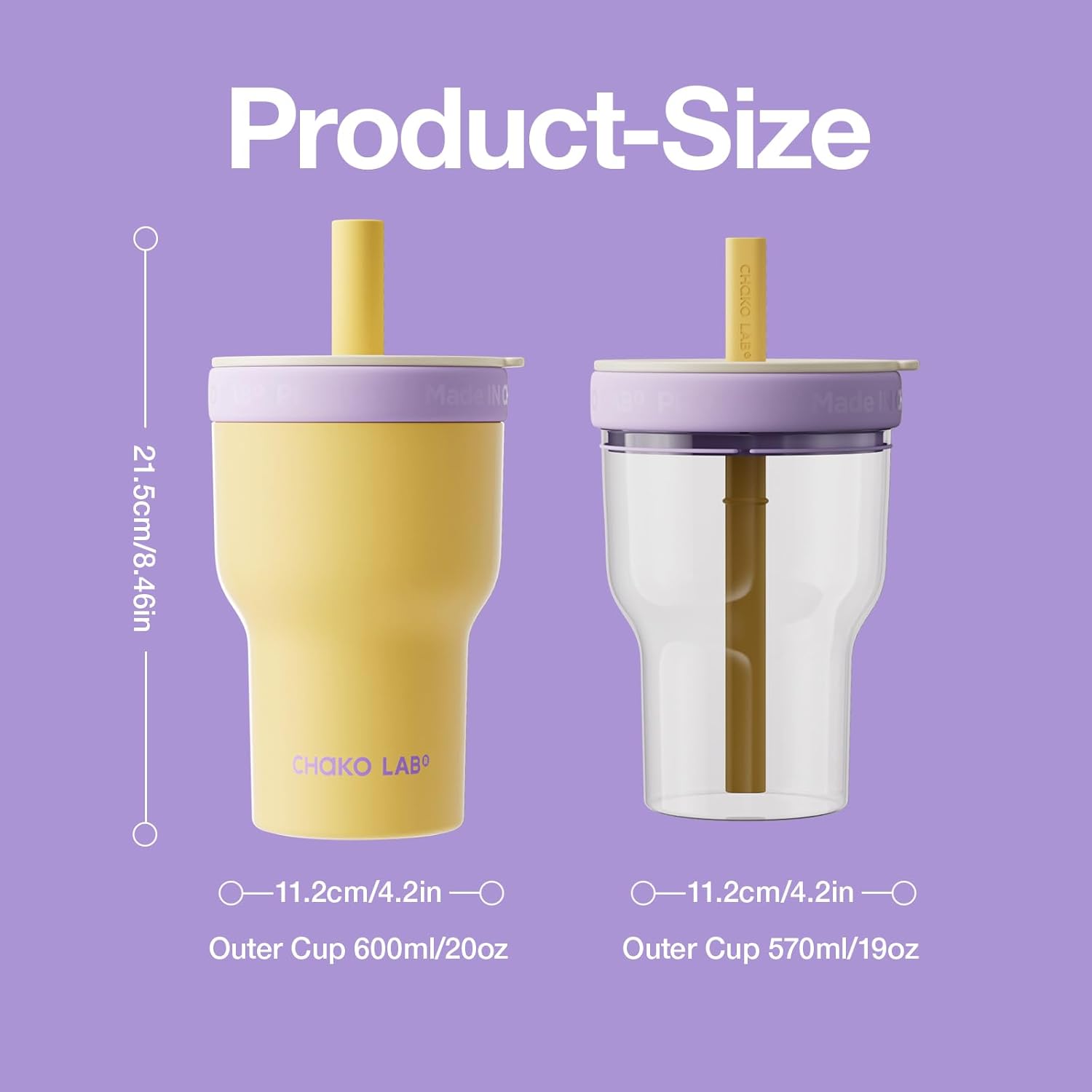 CHAKO LAB Insulated Stainless Steel Water Bottle | Dual-layer tumbler with Glass Linner and Stainsteel Linner | BPA-Free Leak Proof Thermos | 20oz Bottle with Two Straw | Yellow & Purple