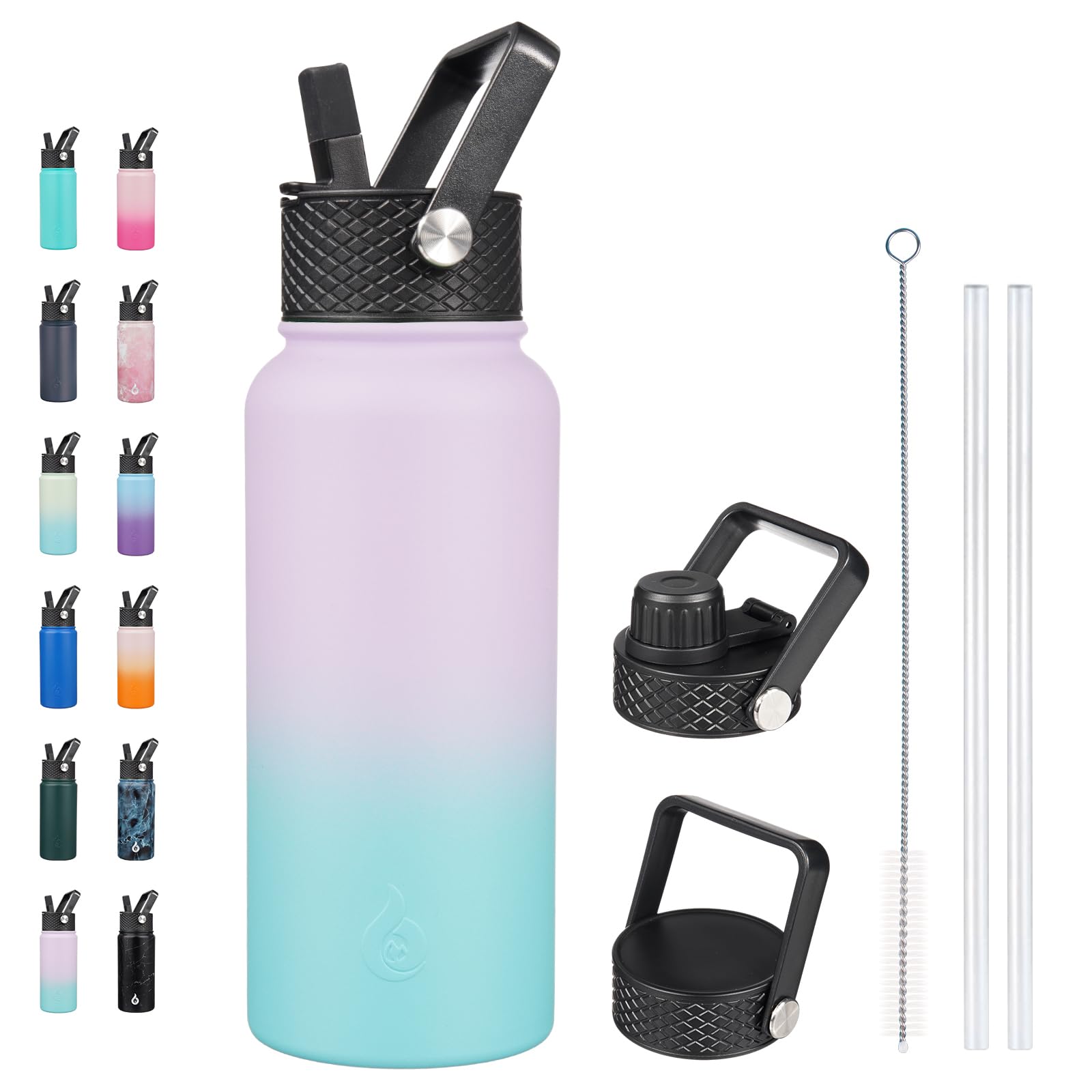 BJPKPK Insulated Water Bottles with Straw Lid, 18oz Stainless Steel Metal Water Bottle, Cold Hot Thermo with 3 Lids, Leak Proof BPA Free Travel Cup, Wide Mouth Flasks, Thermo -Mint