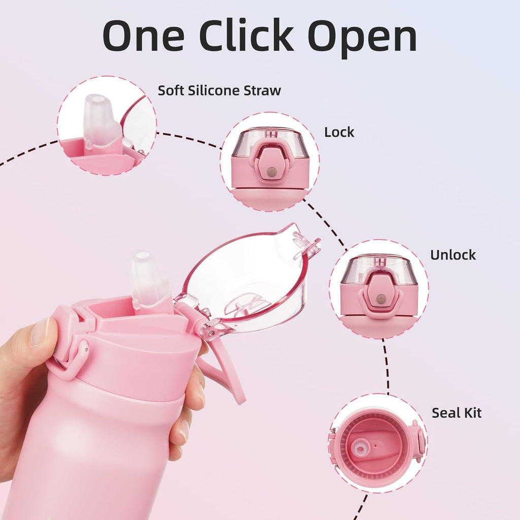 BJPKPK Stainless Steel Insulated Water Bottle with Straw Lid 14oz Reusable Metal Thermal Flask Bottles Keep Cold and Hot,Light Pink