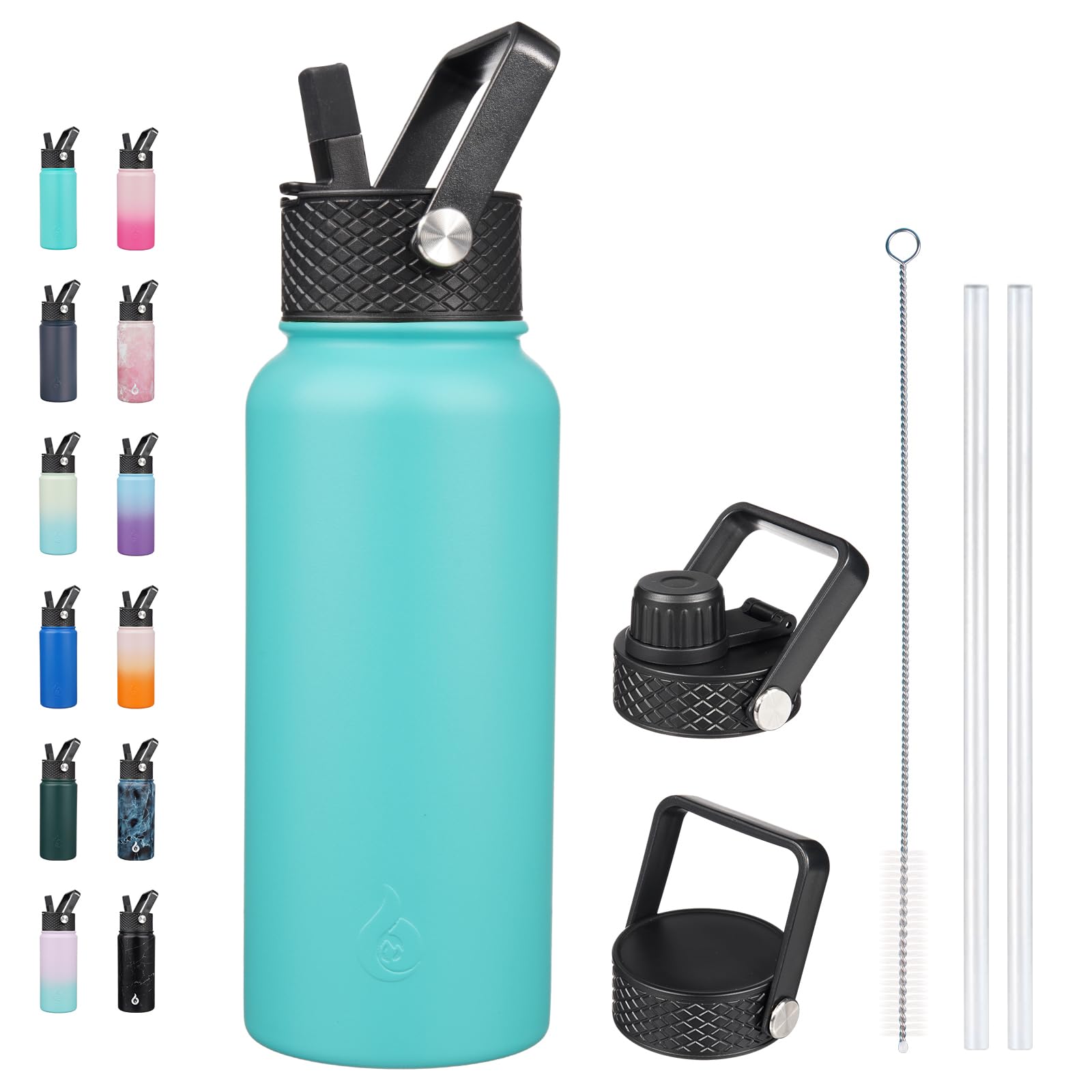 BJPKPK Insulated Water Bottles with Straw Lid, 18oz Stainless Steel Metal Water Bottle, Cold Hot Thermo with 3 Lids, Leak Proof BPA Free Travel Cup, Wide Mouth Flasks, Thermo -Mint