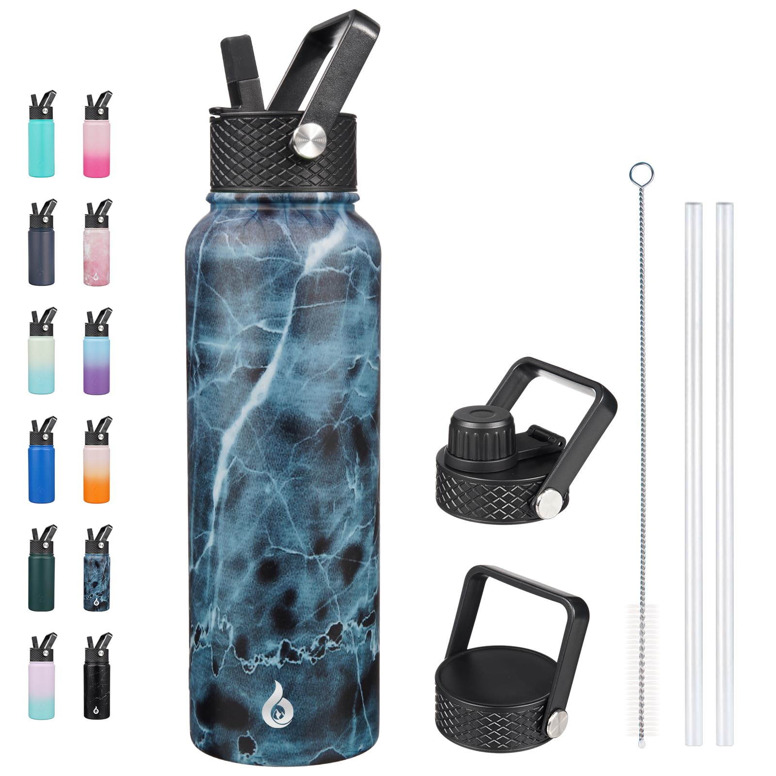 BJPKPK Insulated Water Bottles with Straw Lid, 18oz Stainless Steel Metal Water Bottle, Cold Hot Thermo with 3 Lids, Leak Proof BPA Free Travel Cup, Wide Mouth Flasks, Thermo -Mint