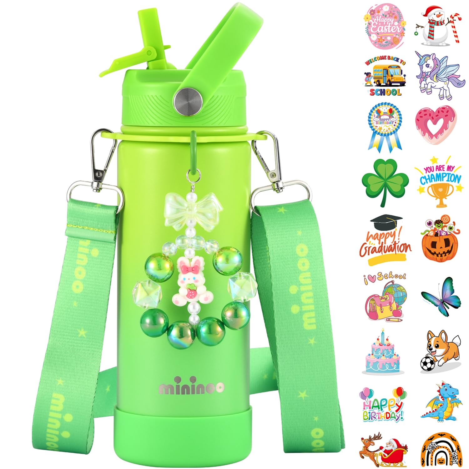 Mininoo Insulated Stainless Steel Kids Water Bottle for School with Straw Lid & Strap, 50 Stickers, 18 oz(Purple/Pink)