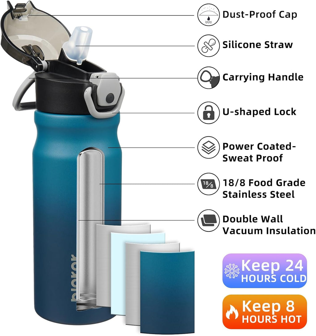 BJPKPK 18oz Insulated Water Bottle with Straw Stainless Steel Double Wall Water Bottles BPA Free Leak Proof Thermal Flask with Lockable Flip Lid and Soft Silicone Spout,Indigo Black