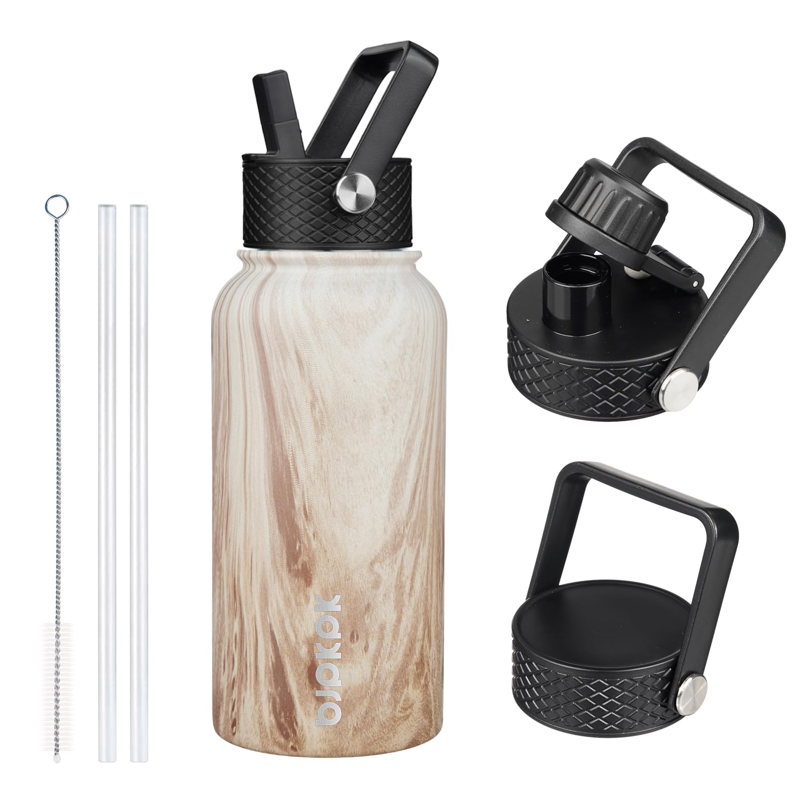 BJPKPK Insulated Water Bottles with Straw Lid, 18oz Stainless Steel Metal Water Bottle, Cold Hot Thermo with 3 Lids, Leak Proof BPA Free Travel Cup, Wide Mouth Flasks, Thermo -Mint