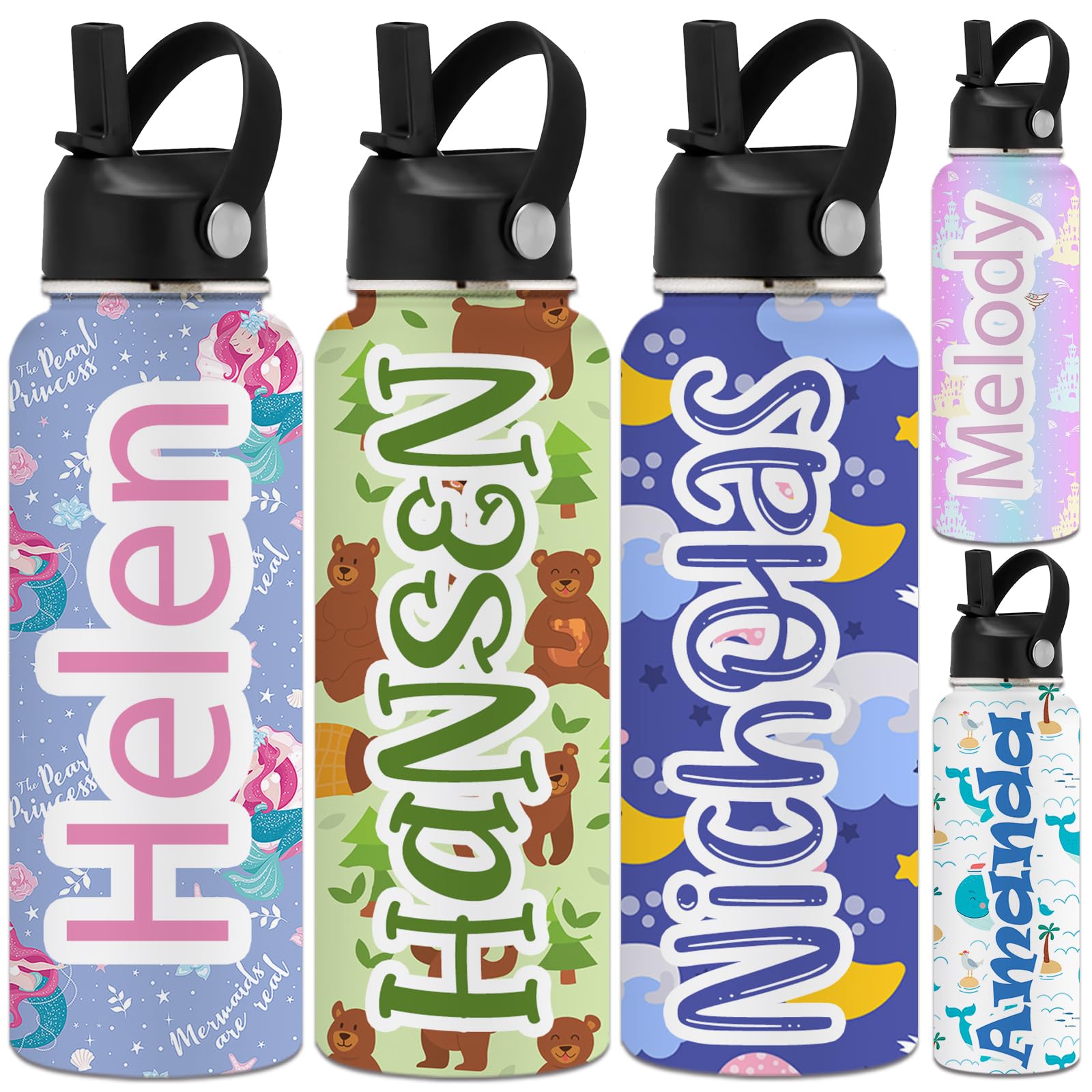 YanNanKe Personalized Water Bottle for Kids Adults with Straw Lid 12 18 24 32 40 oz Custom Water Bottles with Name Logo Engraved Insulated Stainless Steel Sports Water Bottle for School