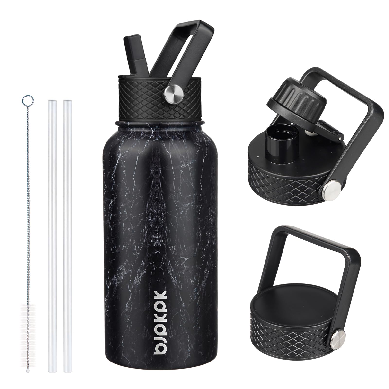 BJPKPK Insulated Water Bottles with Straw Lid, 18oz Stainless Steel Metal Water Bottle, Cold Hot Thermo with 3 Lids, Leak Proof BPA Free Travel Cup, Wide Mouth Flasks, Thermo -Mint