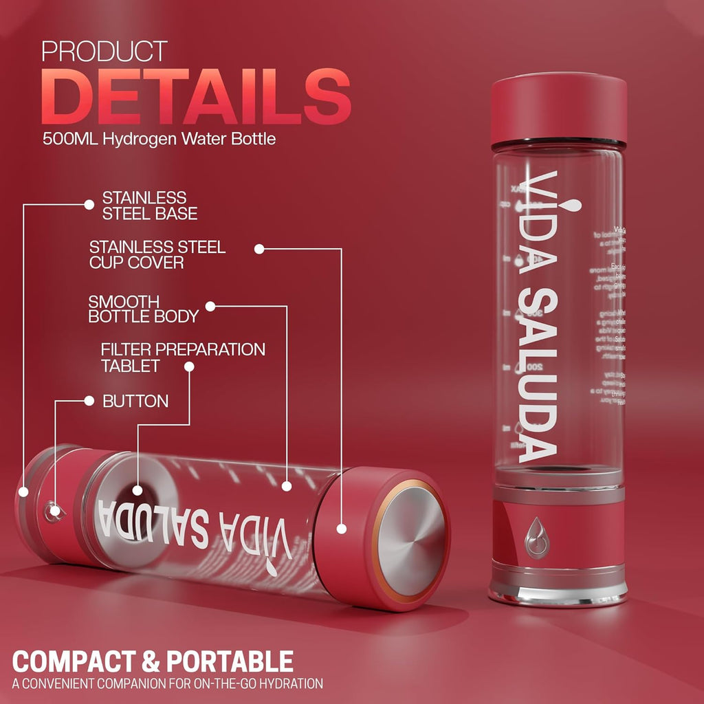 Hydrogen Water Bottle Generator 500ml Portable SPE PEM Hydrogen Rich Water Maker with Titanium Platinum Plates Fast Rechargeable Ionized Water Bottle for Home Travel Gym Hydration - Red
