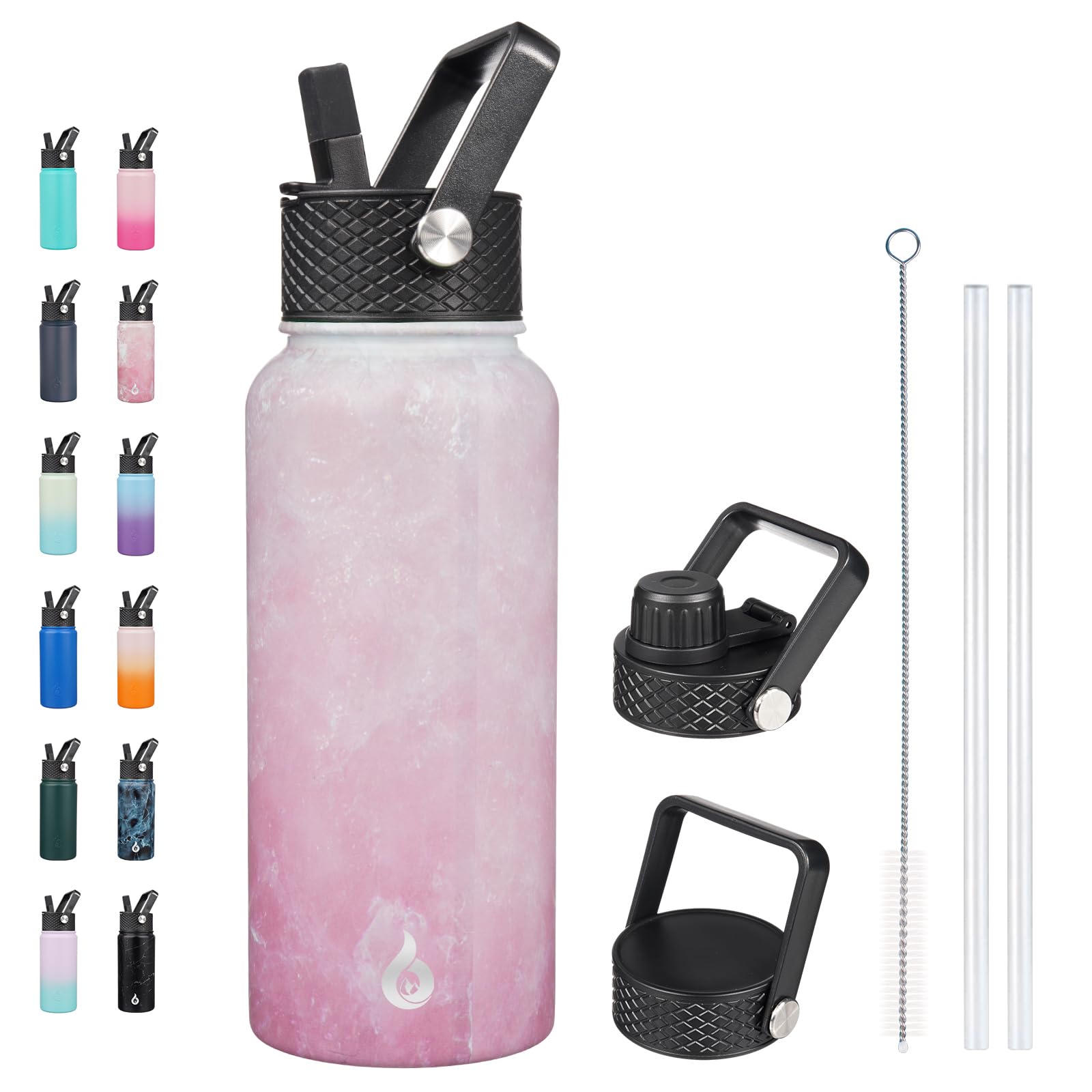 BJPKPK Insulated Water Bottles with Straw Lid, 18oz Stainless Steel Metal Water Bottle, Cold Hot Thermo with 3 Lids, Leak Proof BPA Free Travel Cup, Wide Mouth Flasks, Thermo -Mint