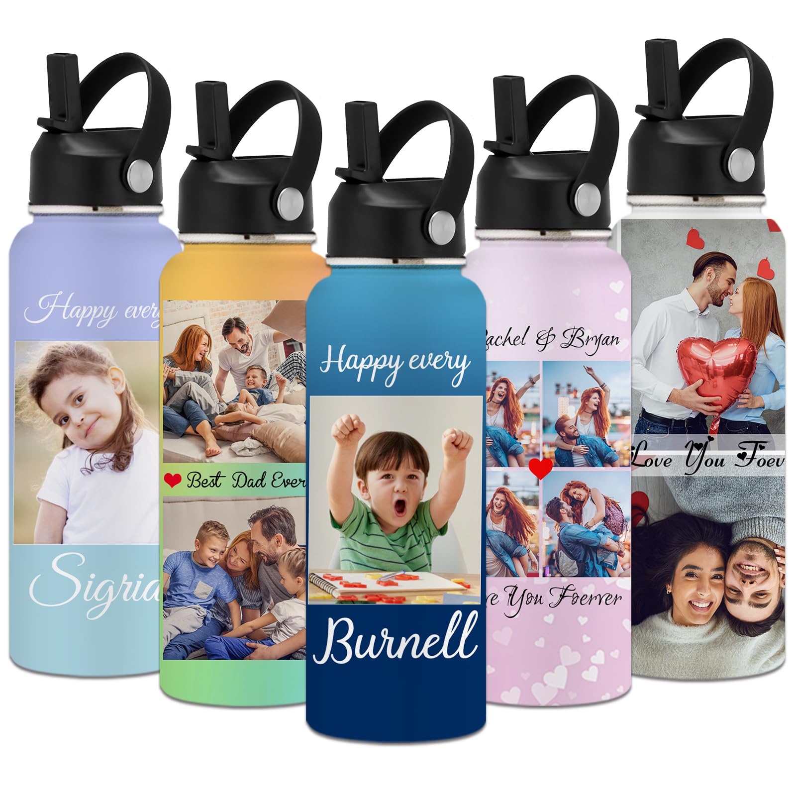 YanNanKe Personalized Water Bottle for Kids Adults with Straw Lid 12 18 24 32 40 oz Custom Water Bottles with Name Logo Engraved Insulated Stainless Steel Sports Water Bottle for School