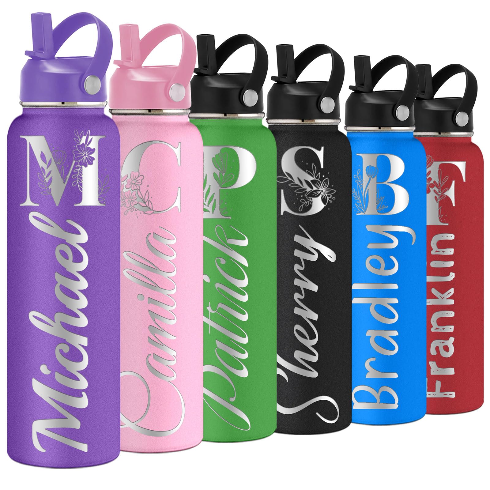 YanNanKe Personalized Water Bottle for Kids Adults with Straw Lid 12 18 24 32 40 oz Custom Water Bottles with Name Logo Engraved Insulated Stainless Steel Sports Water Bottle for School