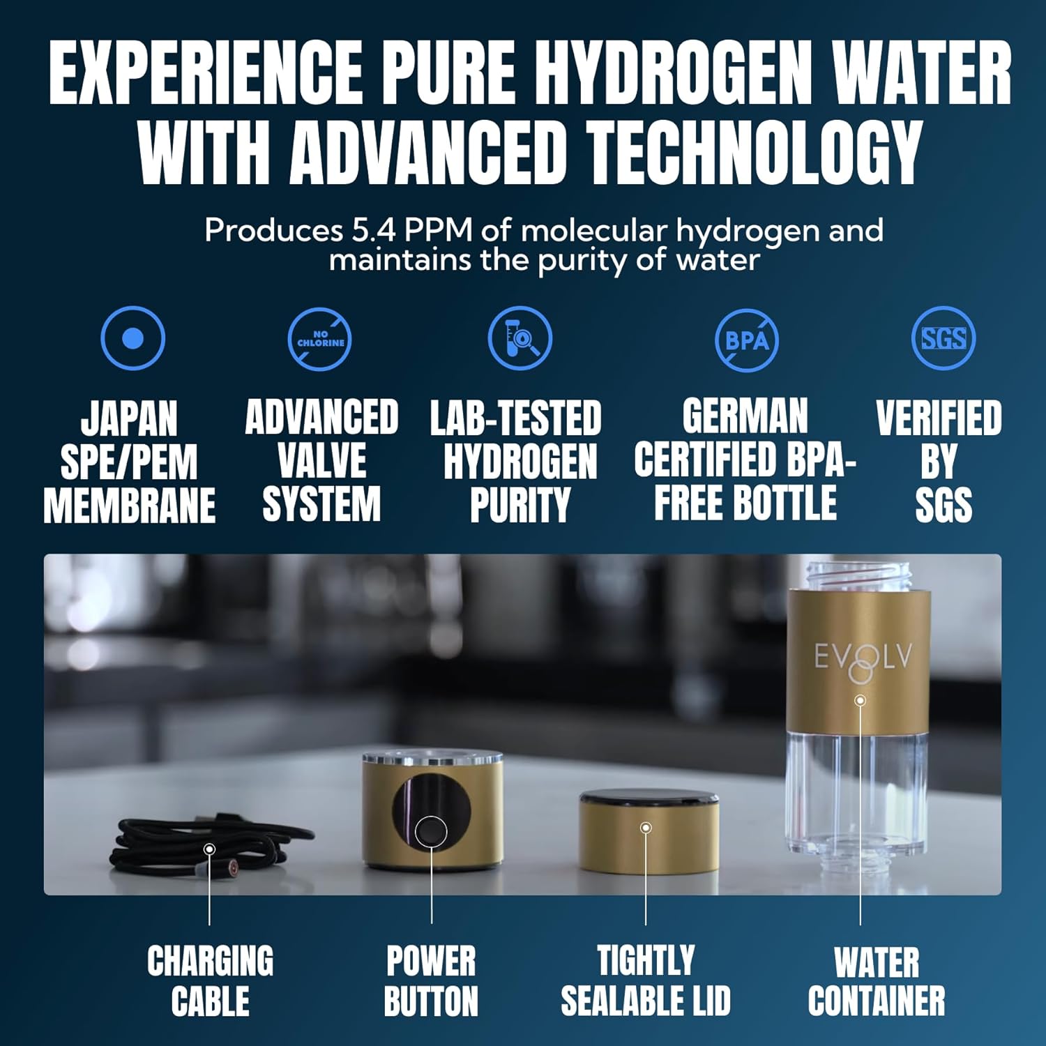 EVOLV Hydrogen Water Bottle Generator – SPE & PEM Water Ionizer 5.4PPM, Highest H2 Concentration – Portable 8oz Hydrogenated Water Bottle – Leak-Proof Hydrogen Water Machine, Easy to Use – Champagne