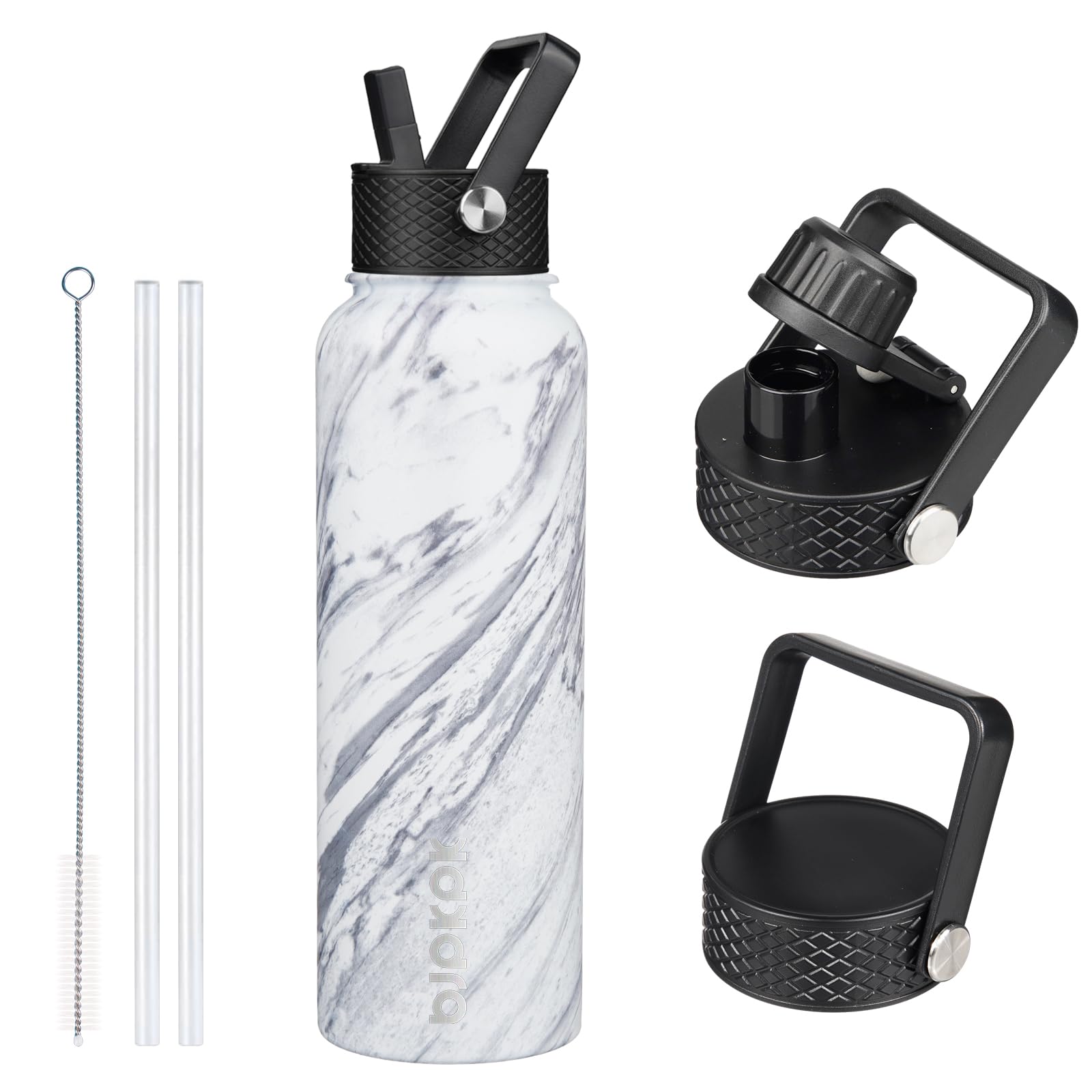 BJPKPK Insulated Water Bottles with Straw Lid, 18oz Stainless Steel Metal Water Bottle, Cold Hot Thermo with 3 Lids, Leak Proof BPA Free Travel Cup, Wide Mouth Flasks, Thermo -Mint