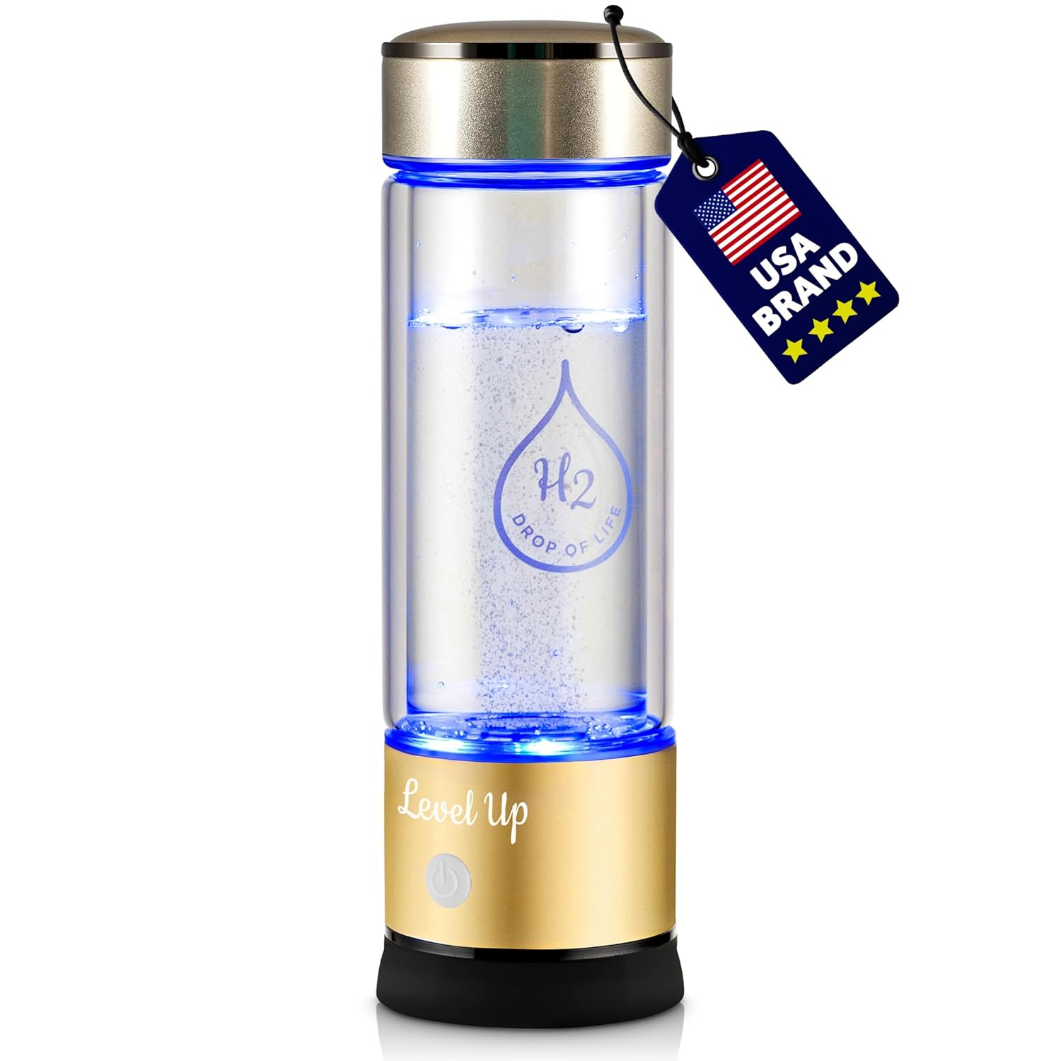 LevelUpWay 2025 Hydrogen Water Bottle Generator – New Technology Glass with SPE PEM Ionic Membrane – High Borosilicate Glass – 13 Ounce (Gold) – Premium Hydration Solution