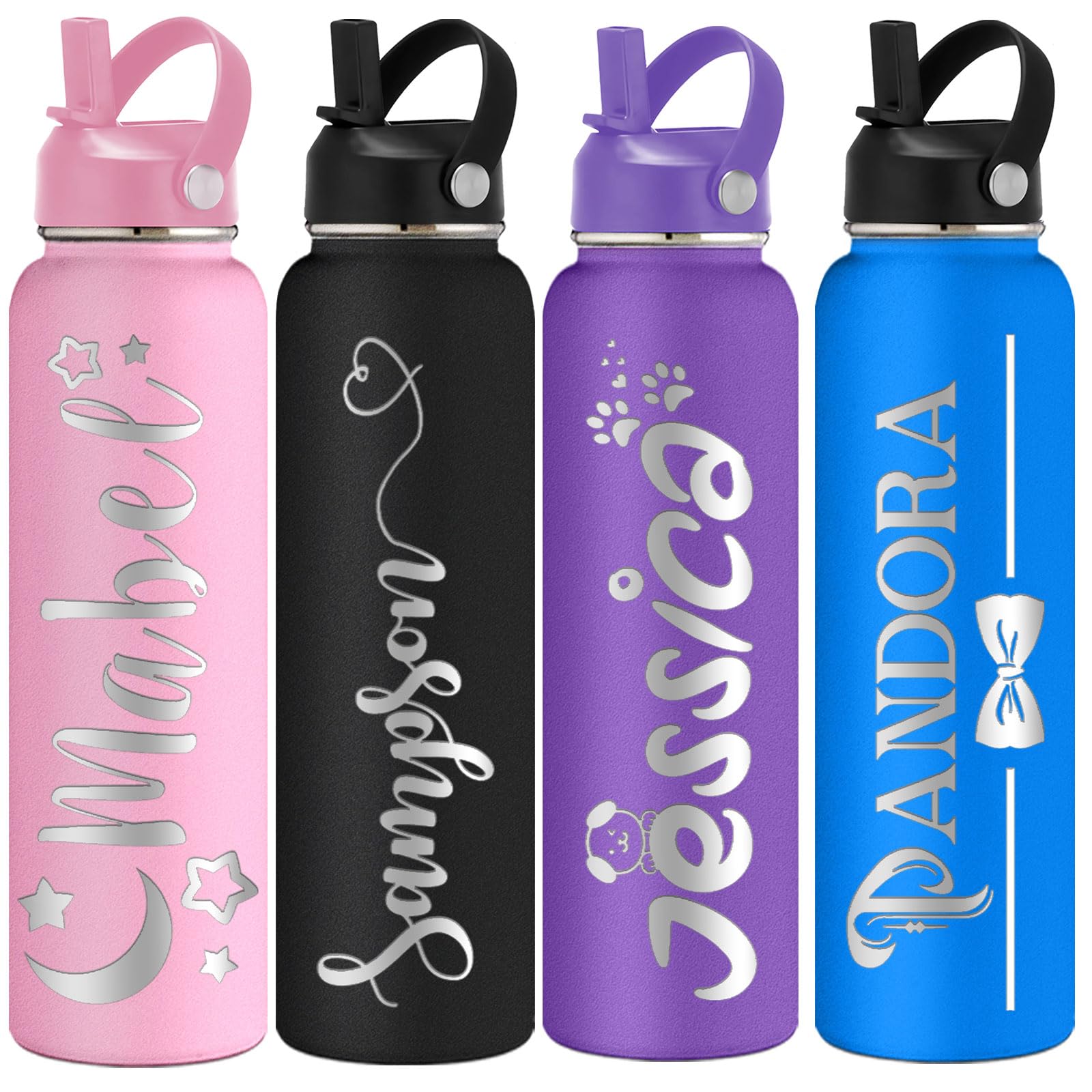 YanNanKe Personalized Water Bottle for Kids Adults with Straw Lid 12 18 24 32 40 oz Custom Water Bottles with Name Logo Engraved Insulated Stainless Steel Sports Water Bottle for School