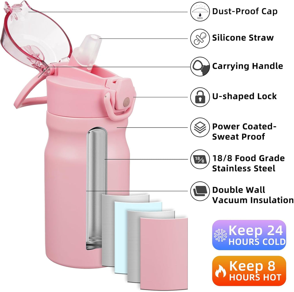 BJPKPK Stainless Steel Insulated Water Bottle with Straw Lid 14oz Reusable Metal Thermal Flask Bottles Keep Cold and Hot,Light Pink