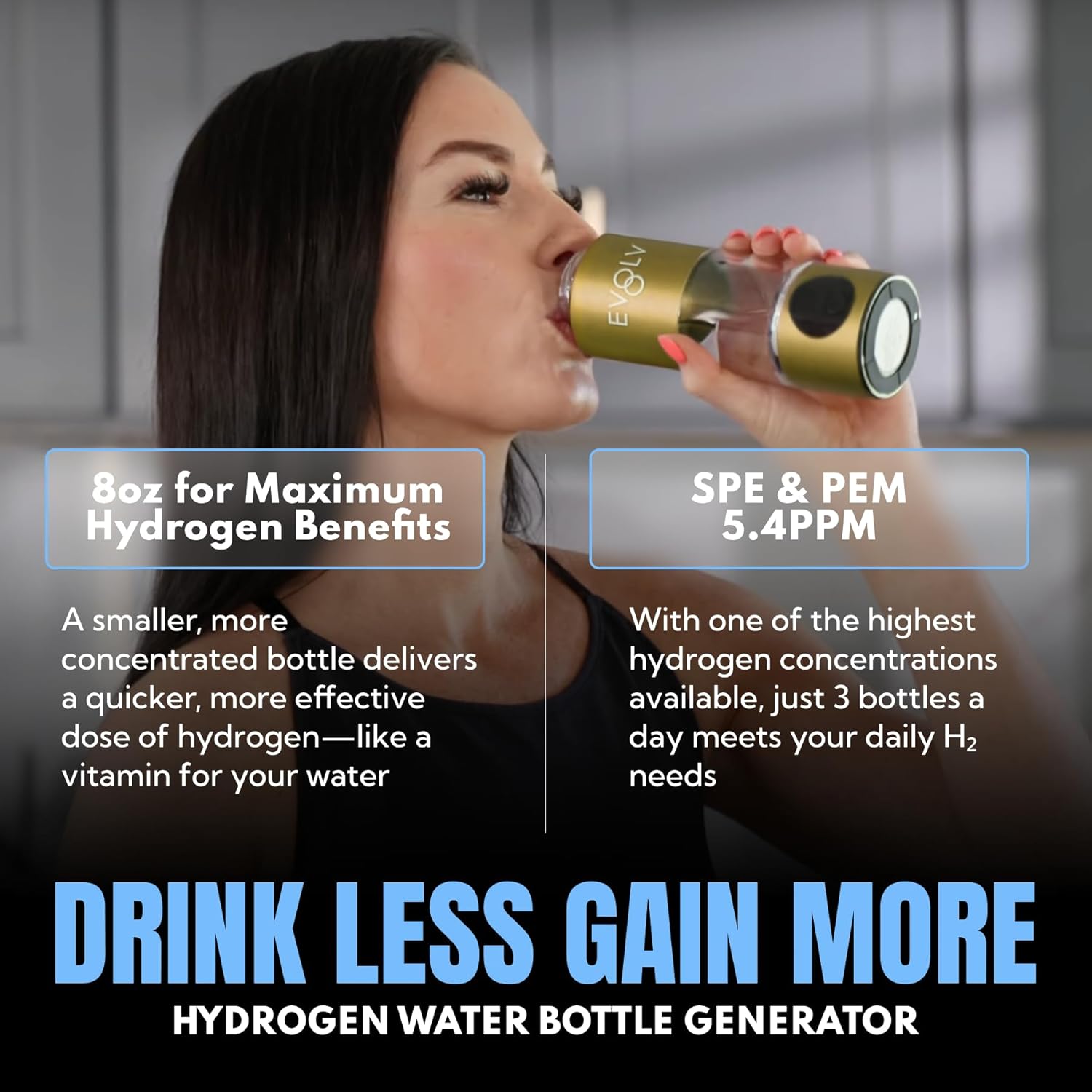 EVOLV Hydrogen Water Bottle Generator – SPE & PEM Water Ionizer 5.4PPM, Highest H2 Concentration – Portable 8oz Hydrogenated Water Bottle – Leak-Proof Hydrogen Water Machine, Easy to Use – Champagne