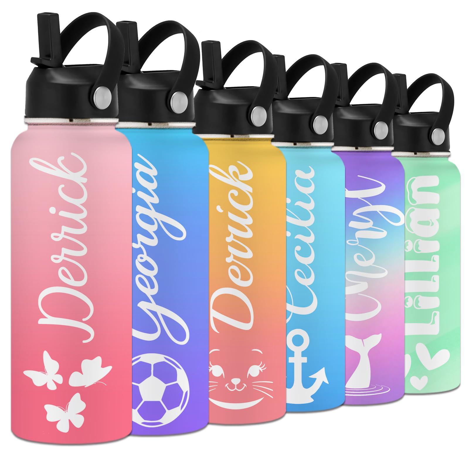 YanNanKe Personalized Water Bottle for Kids Adults with Straw Lid 12 18 24 32 40 oz Custom Water Bottles with Name Logo Engraved Insulated Stainless Steel Sports Water Bottle for School