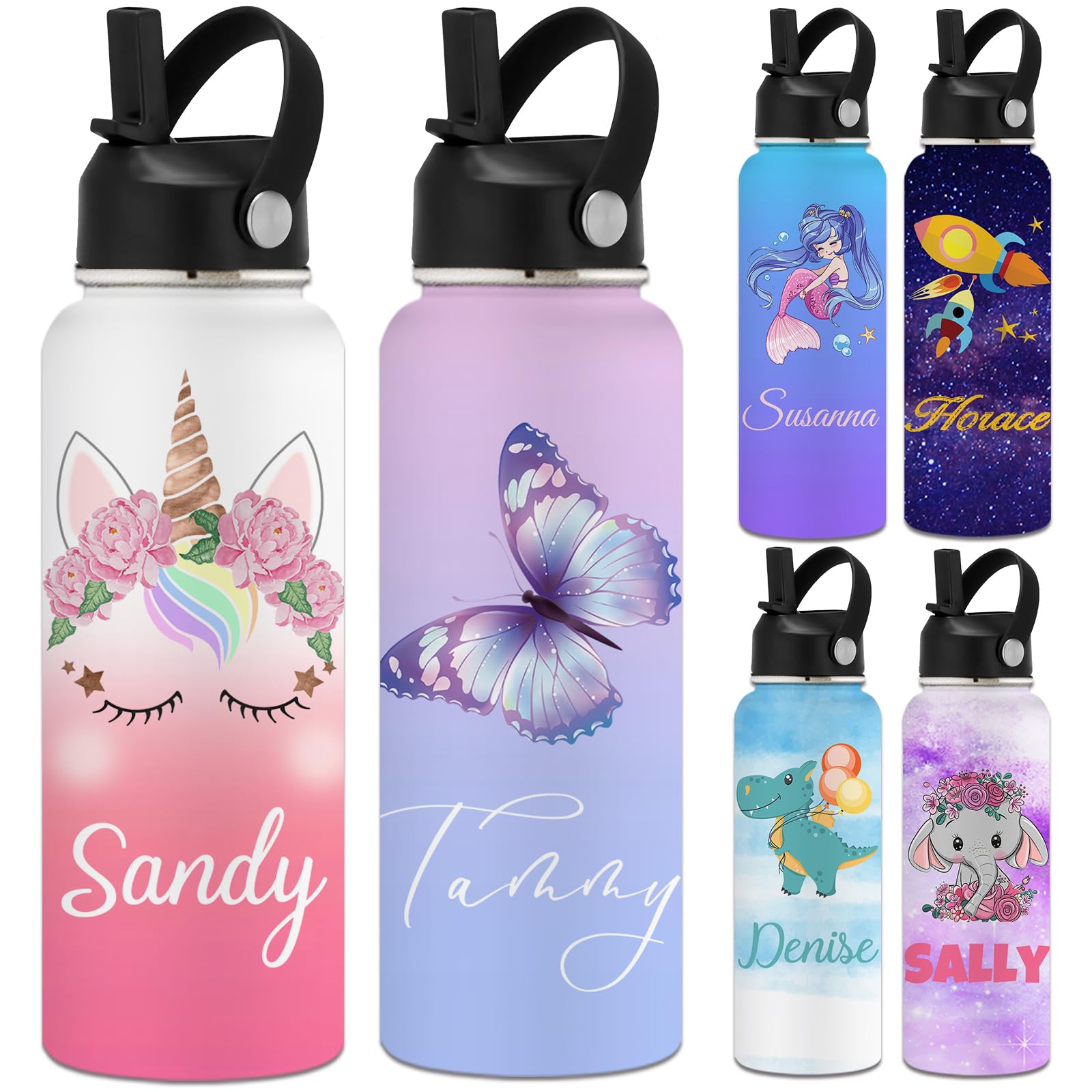 YanNanKe Personalized Water Bottle for Kids Adults with Straw Lid 12 18 24 32 40 oz Custom Water Bottles with Name Logo Engraved Insulated Stainless Steel Sports Water Bottle for School