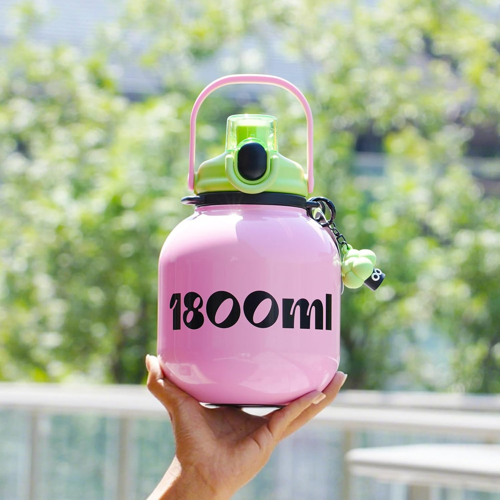 60 oz Big Water Bottle with Straw and Carry Handle, Pink Wide Mouth Vacuum Insulated Stainless Steel Bottles Easy Carry Tumbler for Women