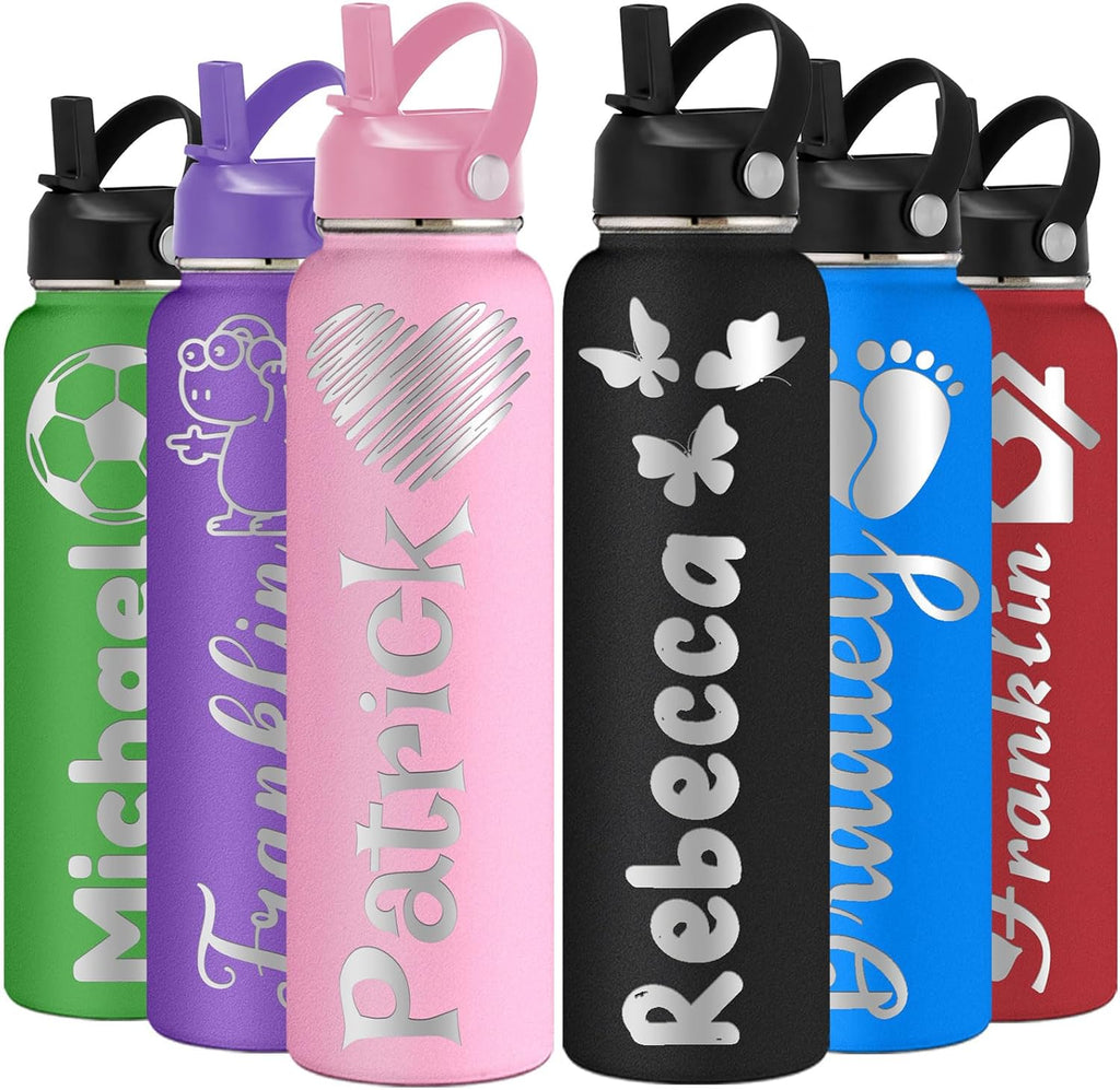 YanNanKe Personalized Water Bottle for Kids Adults with Straw Lid 12 18 24 32 40 oz Custom Water Bottles with Name Logo Engraved Insulated Stainless Steel Sports Water Bottle for School