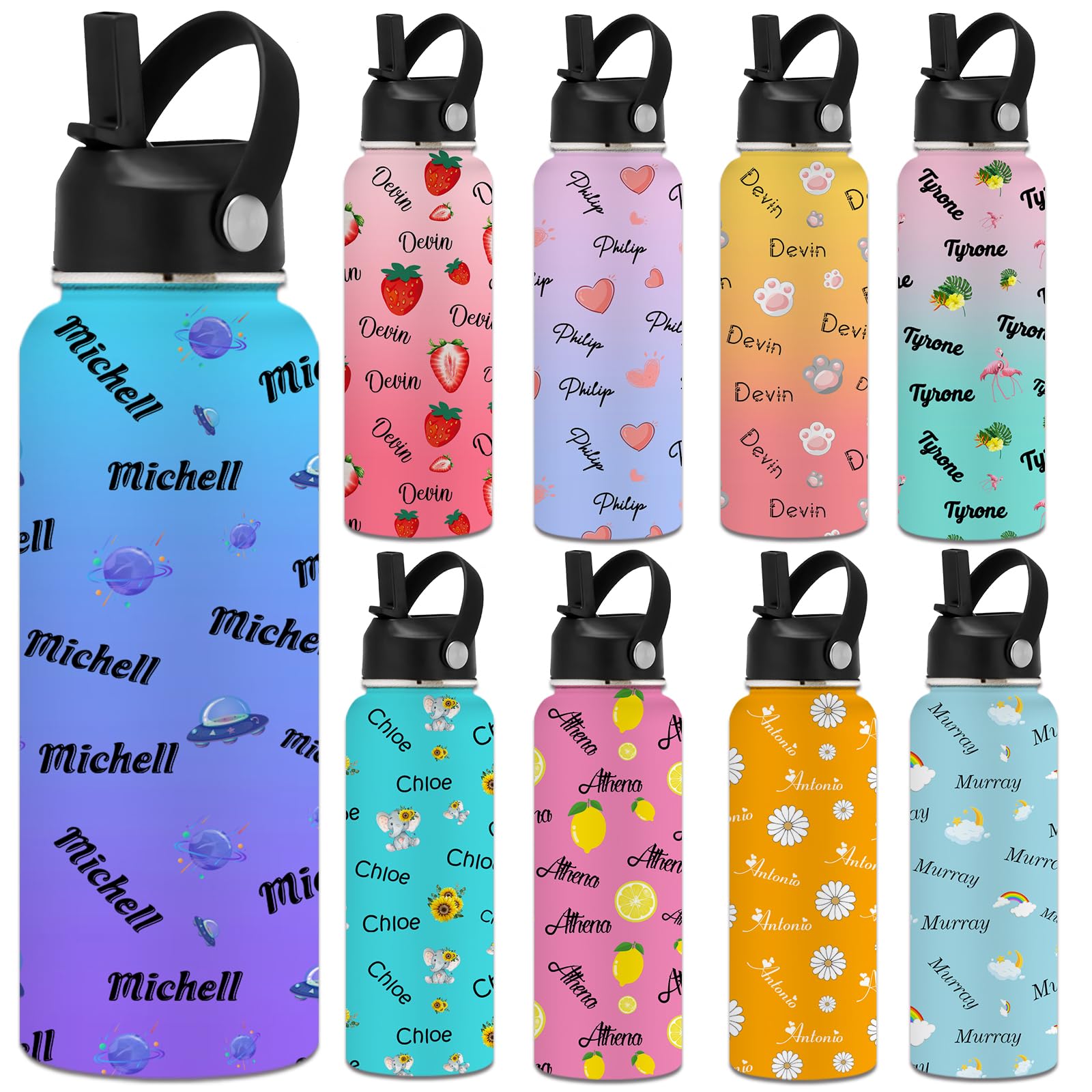 YanNanKe Personalized Water Bottle for Kids Adults with Straw Lid 12 18 24 32 40 oz Custom Water Bottles with Name Logo Engraved Insulated Stainless Steel Sports Water Bottle for School