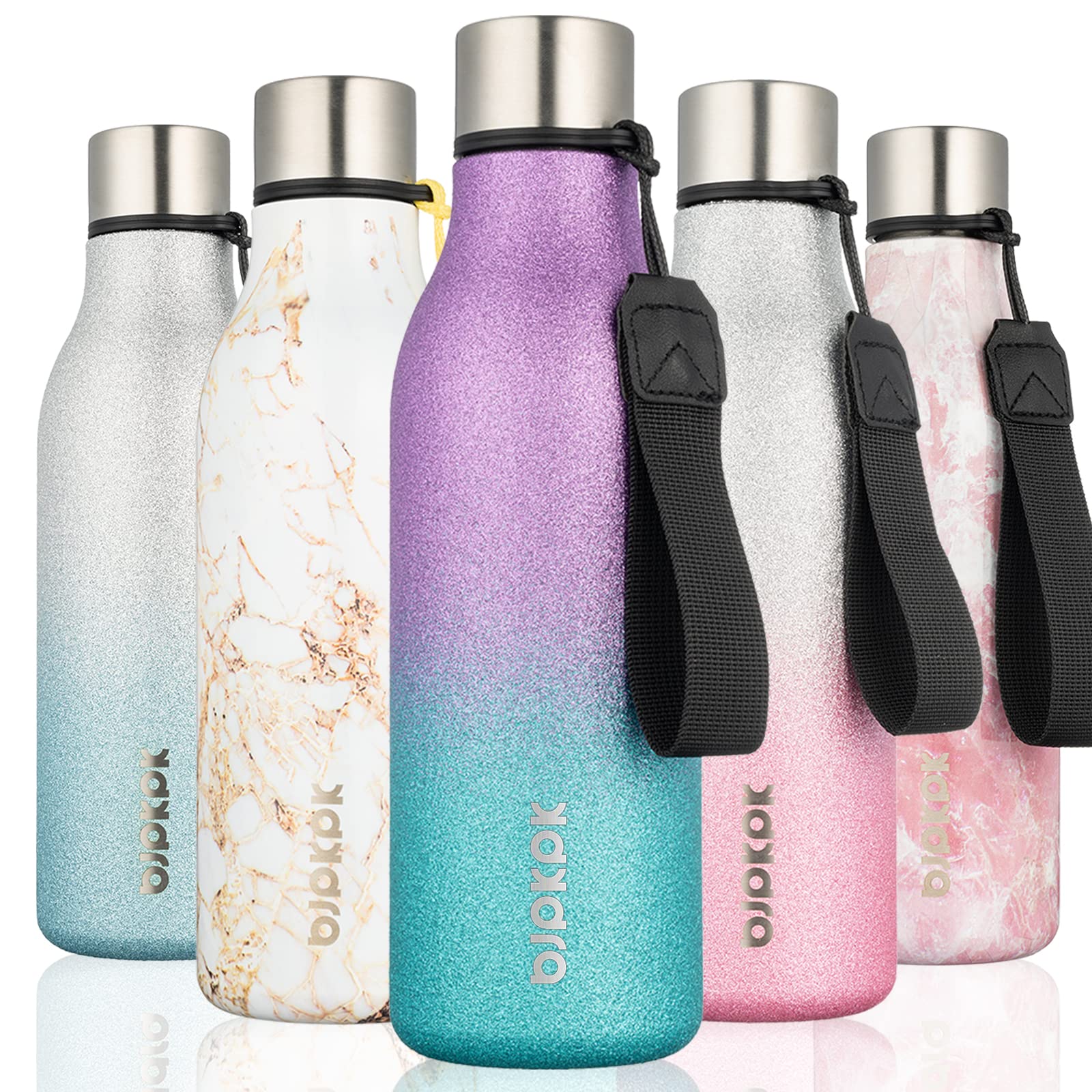 BJPKPK Insulated Water Bottles, 12oz Stainless Steel Metal Water Bottle with Strap, BPA Free Leak Proof Jugs, Mugs, Flasks, Reusable Thermal Flasks for Sports & Travel, Sakura