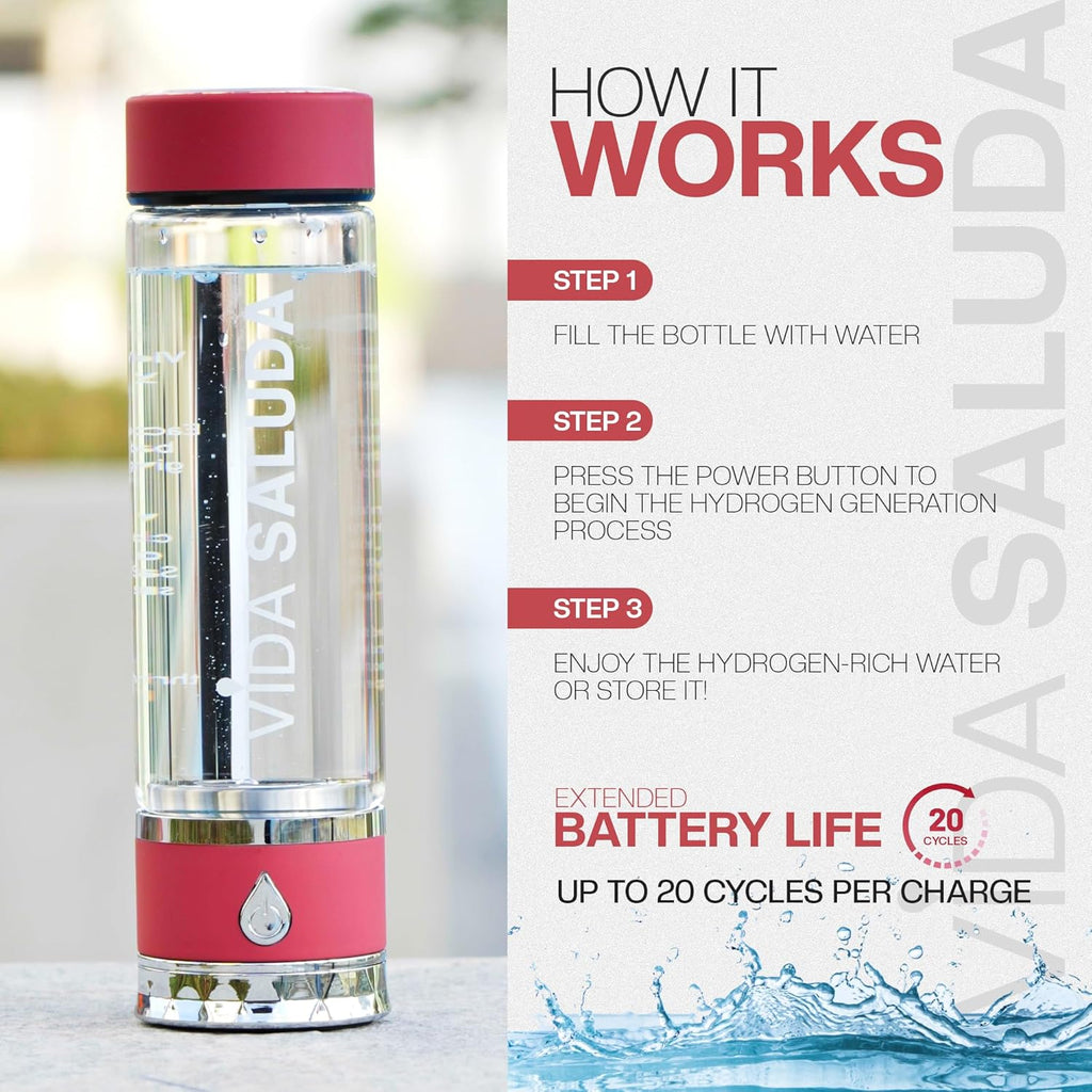 Hydrogen Water Bottle Generator 500ml Portable SPE PEM Hydrogen Rich Water Maker with Titanium Platinum Plates Fast Rechargeable Ionized Water Bottle for Home Travel Gym Hydration - Red