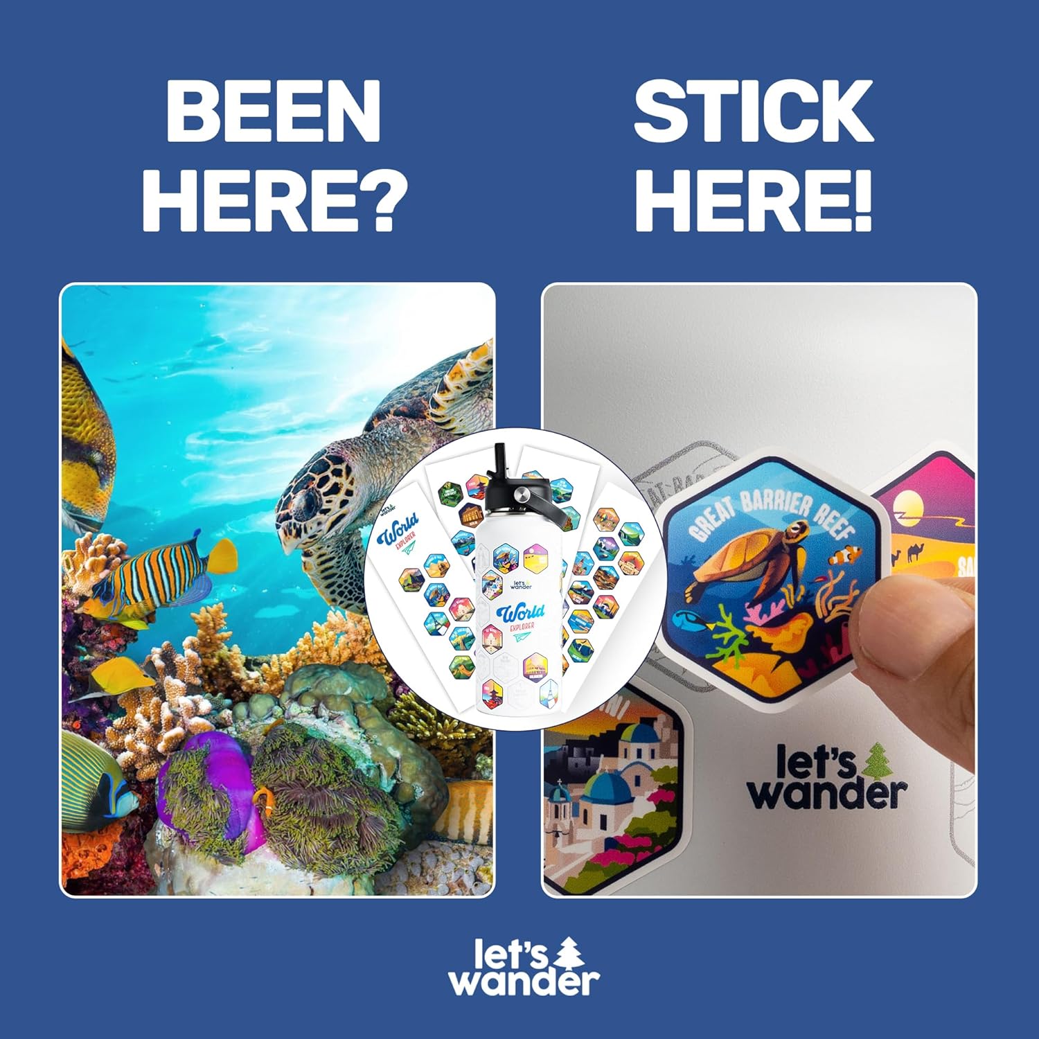 LET'S WANDER World Explorer Adventure Water Bottle with 50 Waterproof Stickers - 32oz Leakproof Insulated Stainless Steel with Straw - Travel Goal Gift Bottle (White)