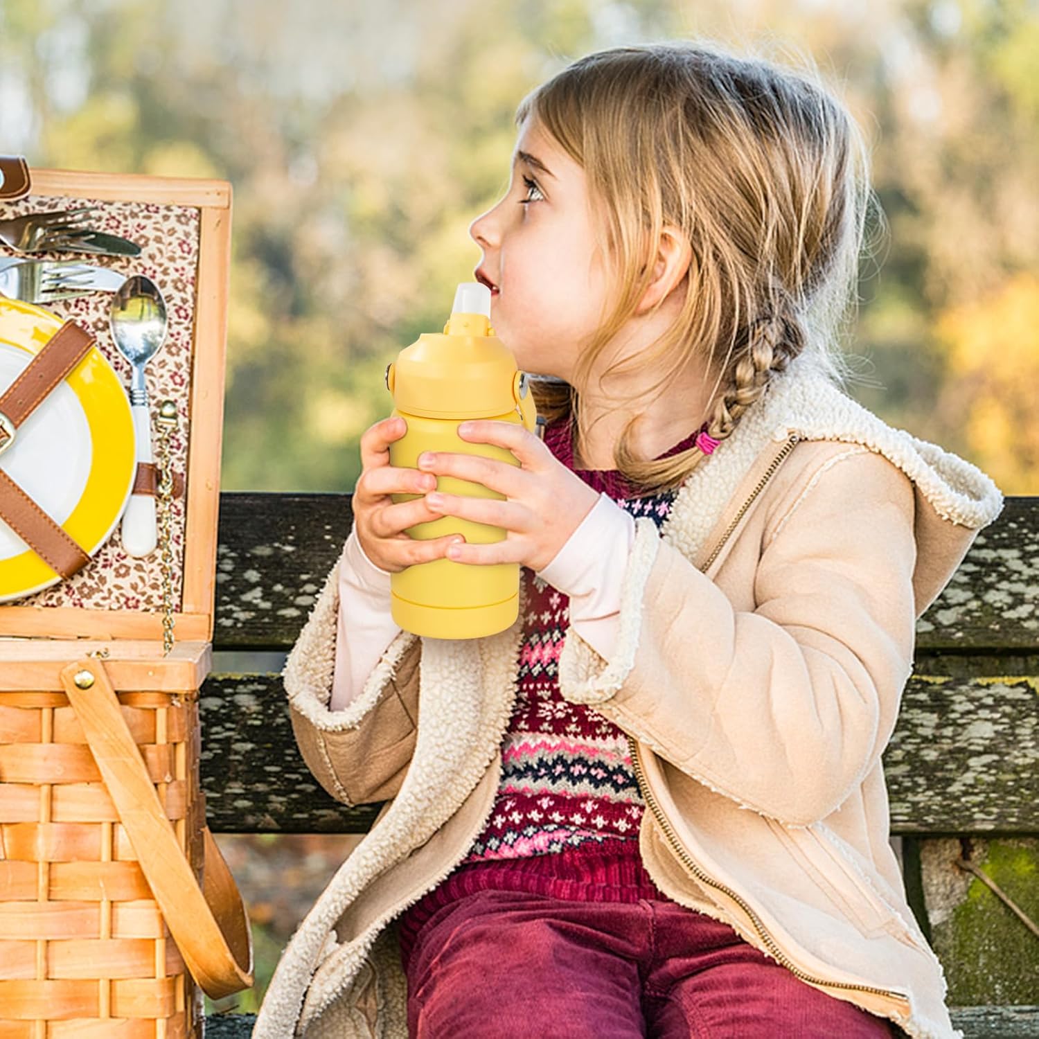 12 oz Water Bottle, Kids Water Bottles for School, Toddler Cup with Straw & Handle, 304 Stainless Steel Insulated Water Bottle, Non-slip Silicone Base, BPA Free, Yellow
