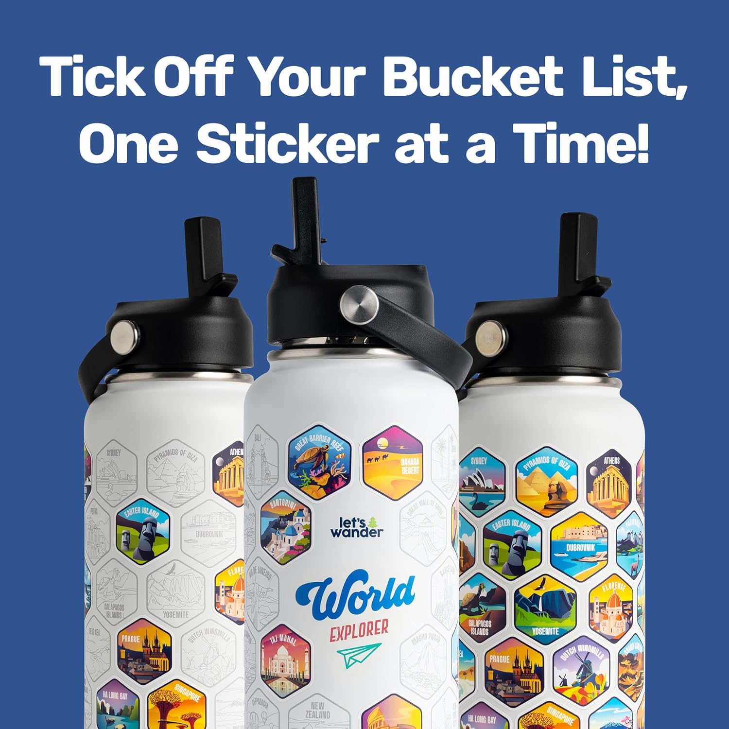 LET'S WANDER World Explorer Adventure Water Bottle with 50 Waterproof Stickers - 32oz Leakproof Insulated Stainless Steel with Straw - Travel Goal Gift Bottle (White)