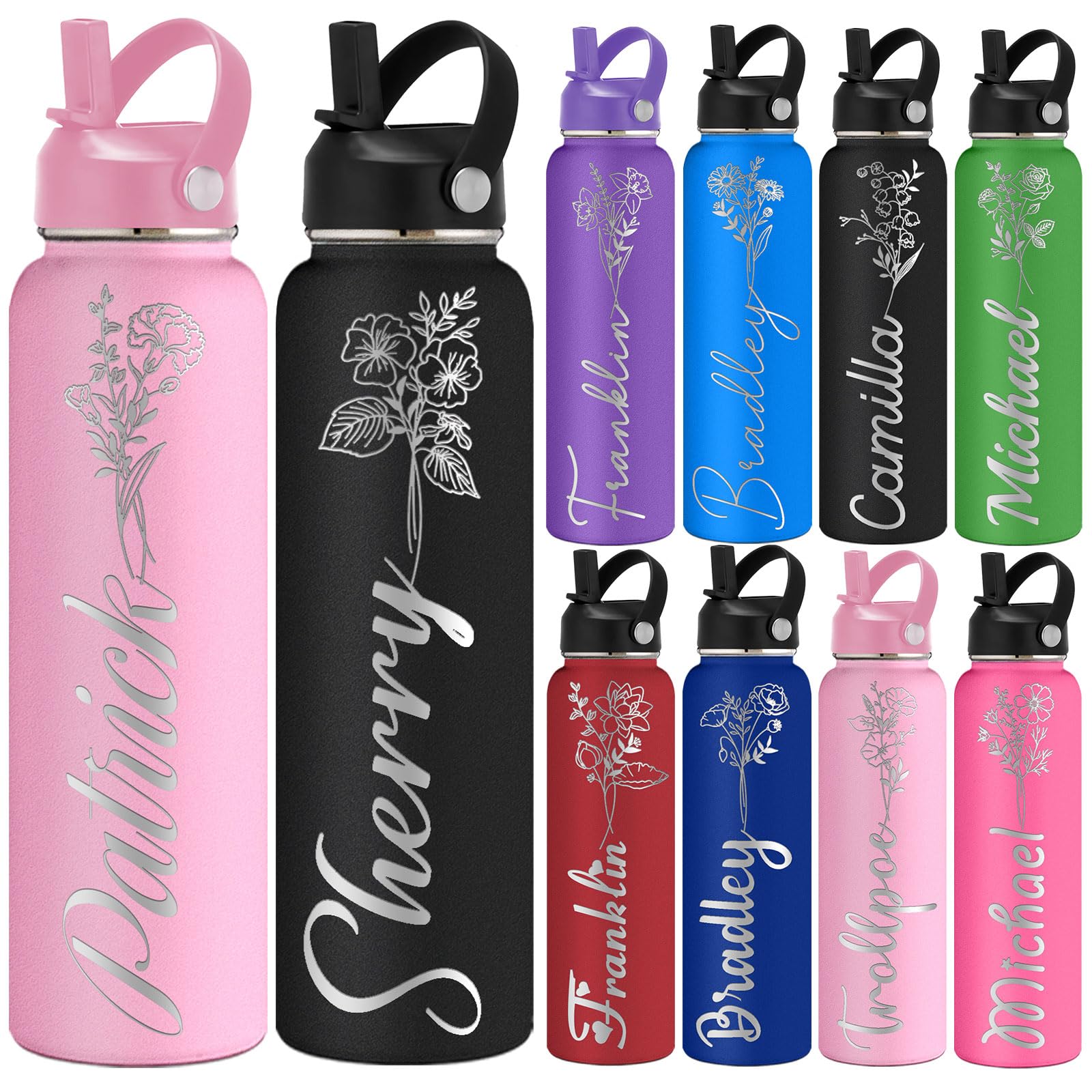 YanNanKe Personalized Water Bottle for Kids Adults with Straw Lid 12 18 24 32 40 oz Custom Water Bottles with Name Logo Engraved Insulated Stainless Steel Sports Water Bottle for School