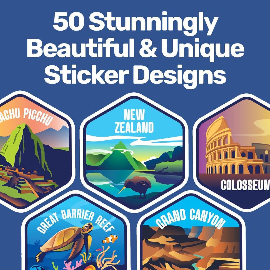 LET'S WANDER World Explorer Adventure Water Bottle with 50 Waterproof Stickers - 32oz Leakproof Insulated Stainless Steel with Straw - Travel Goal Gift Bottle (White)